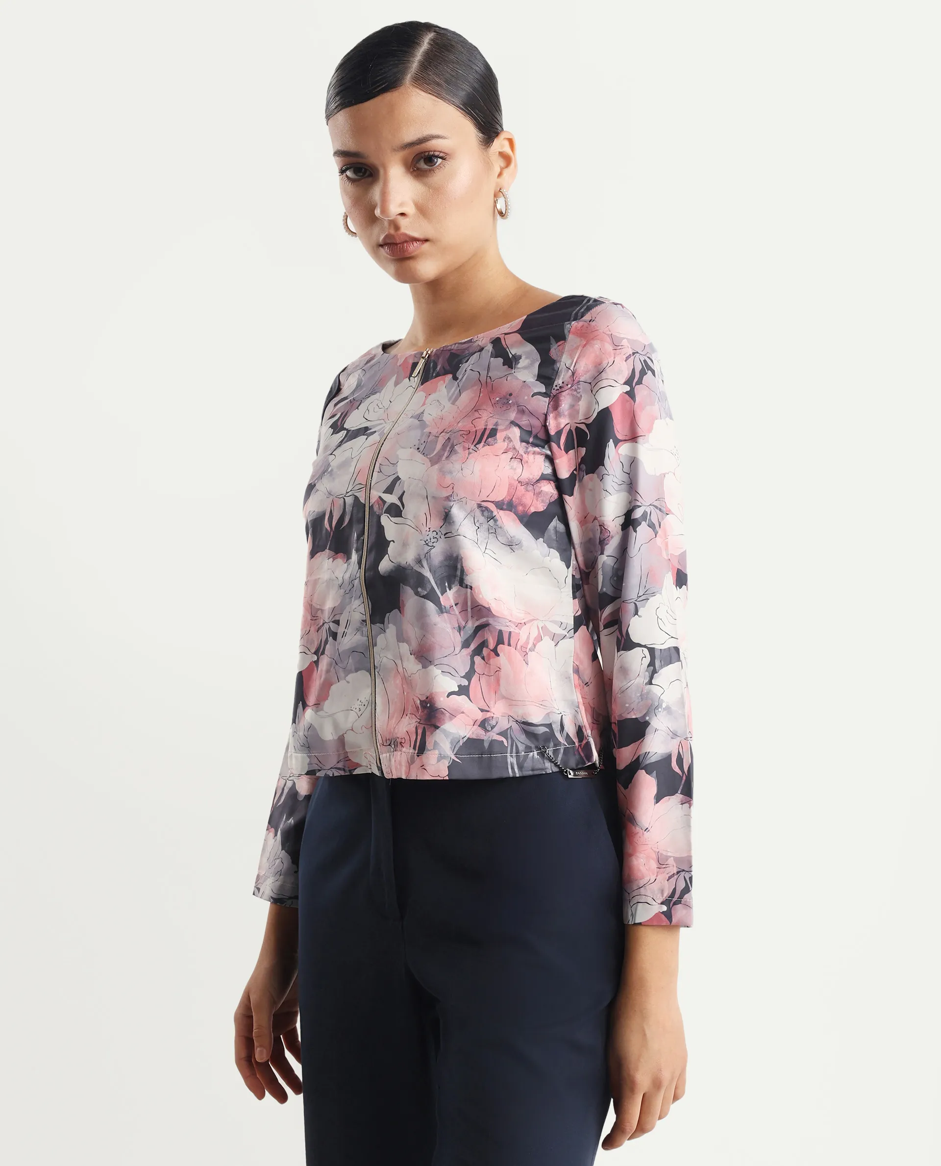 Rareism Women's Aydino Multi Satin Crew Neck Floral Print Crop Regular Fit Top - Image 4