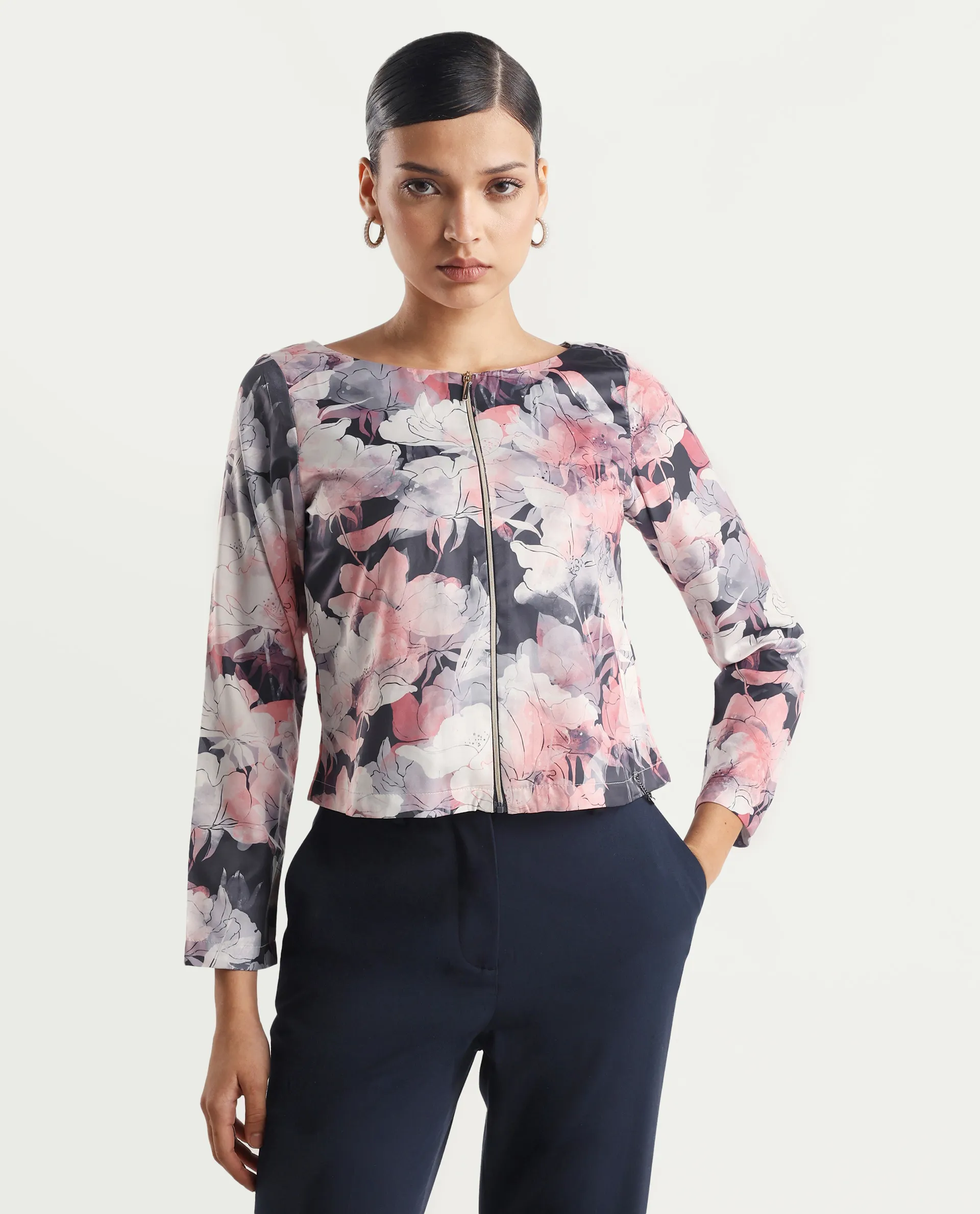 Rareism Women's Aydino Multi Satin Crew Neck Floral Print Crop Regular Fit Top - Image 5