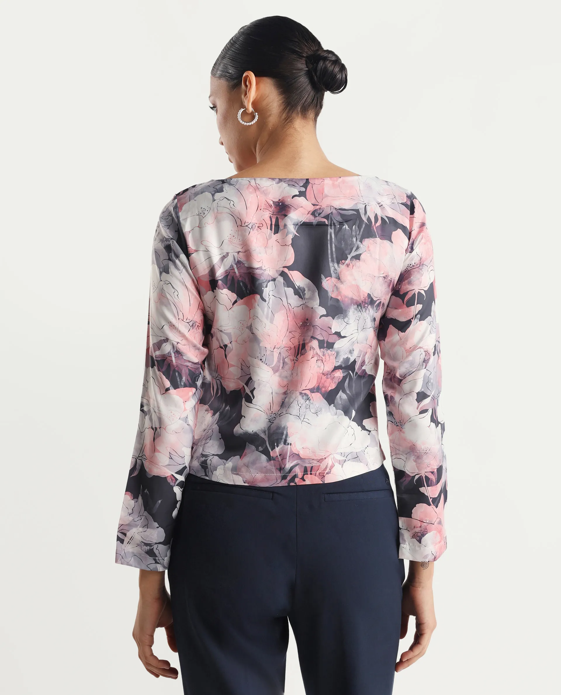 Rareism Women's Aydino Multi Satin Crew Neck Floral Print Crop Regular Fit Top - Image 8