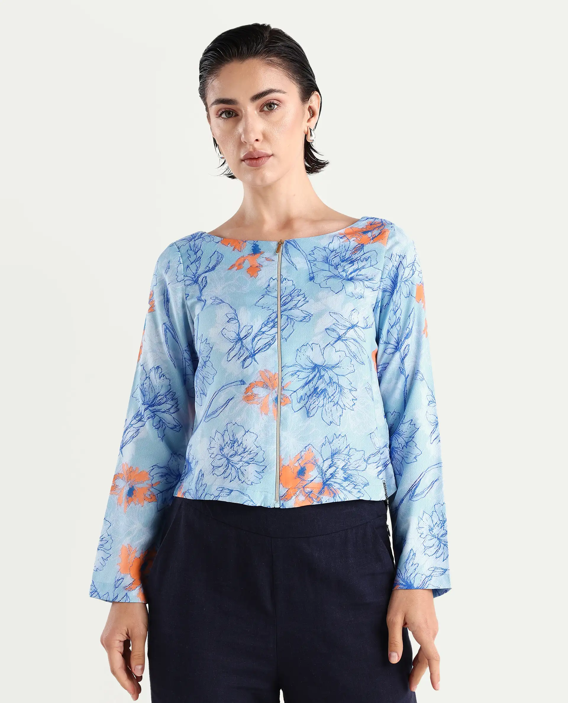 Rareism Women's Aydins Light Multi Satin Crew Neck Floral Print Crop Regular Fit Top - Image 4