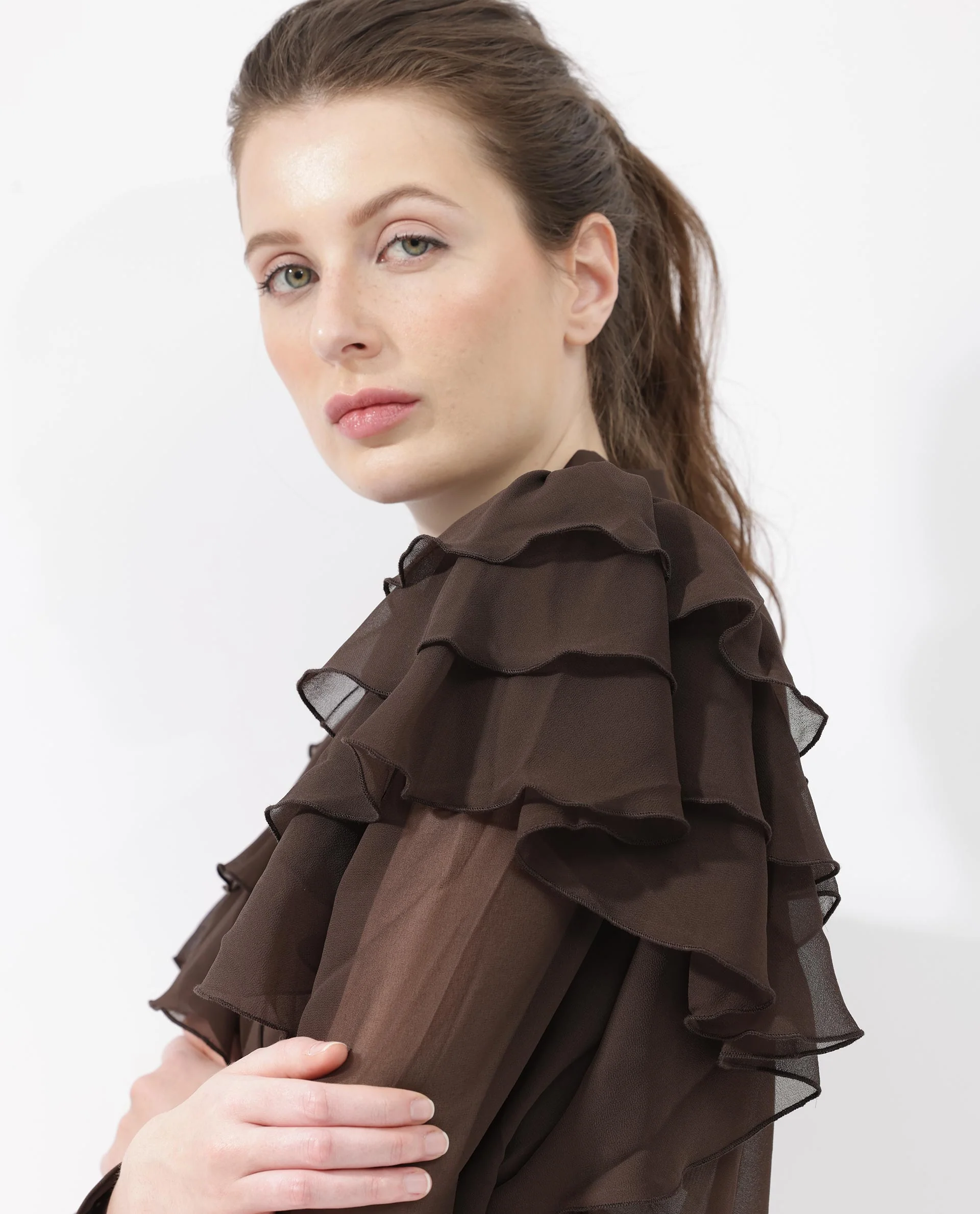 Rareism Women's Ayka Dark Brown Polyester V-Neck Plain Cuffed Sleeve Regular Fit Top - Image 4