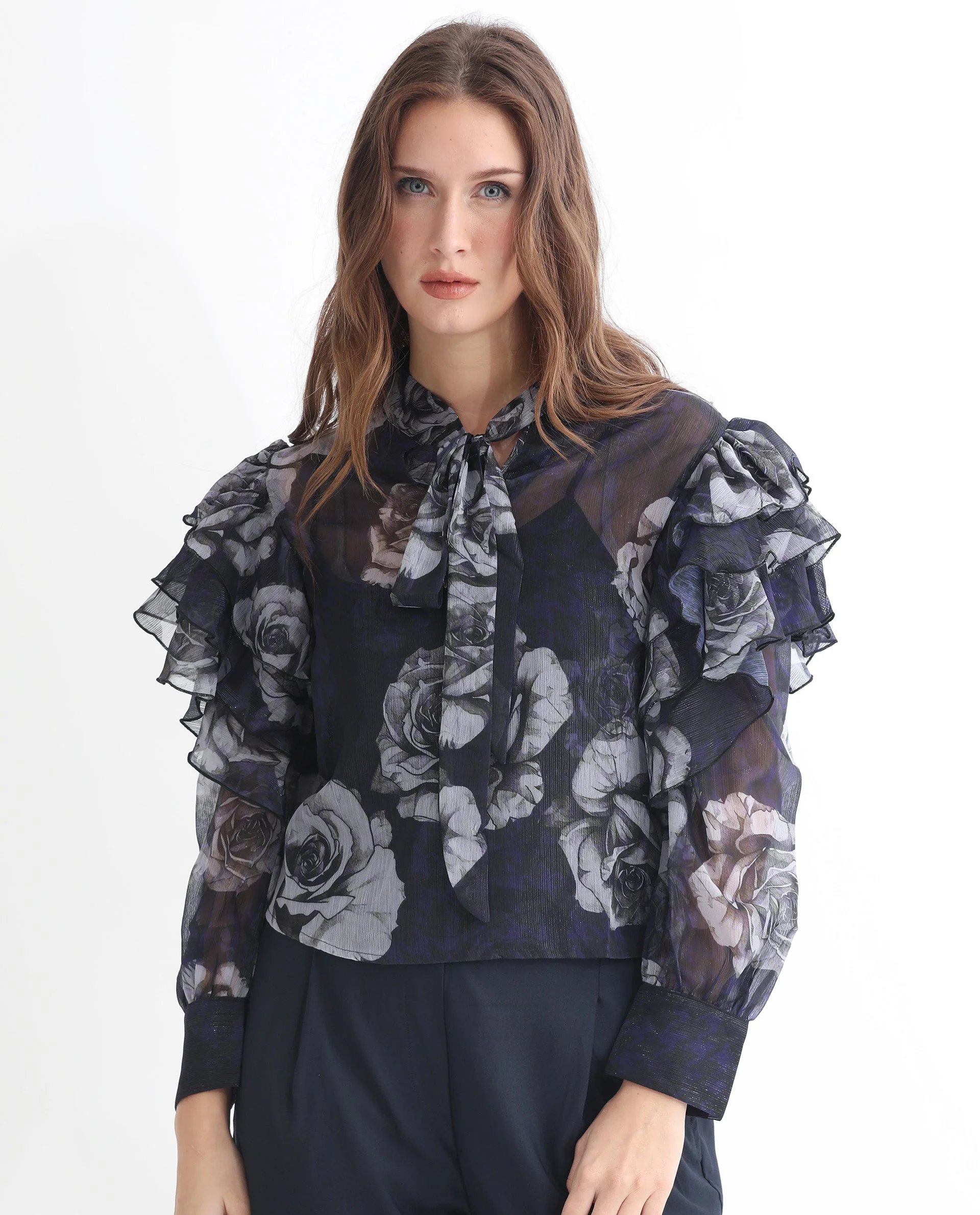 Rareism Women's Ayka Dusky Purple Polyester V-Neck Floral Print Cuffed Sleeve Regular Fit Top