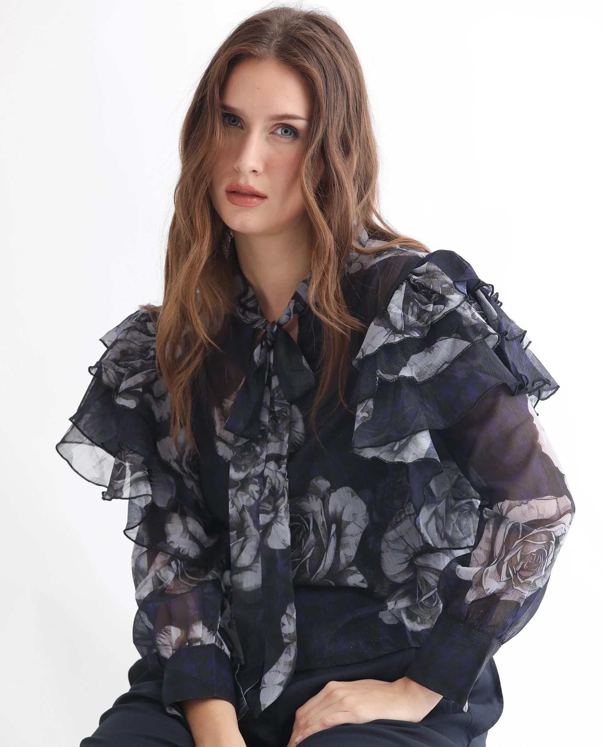 Rareism Women's Ayka Dusky Purple Polyester V-Neck Floral Print Cuffed Sleeve Regular Fit Top - Image 10