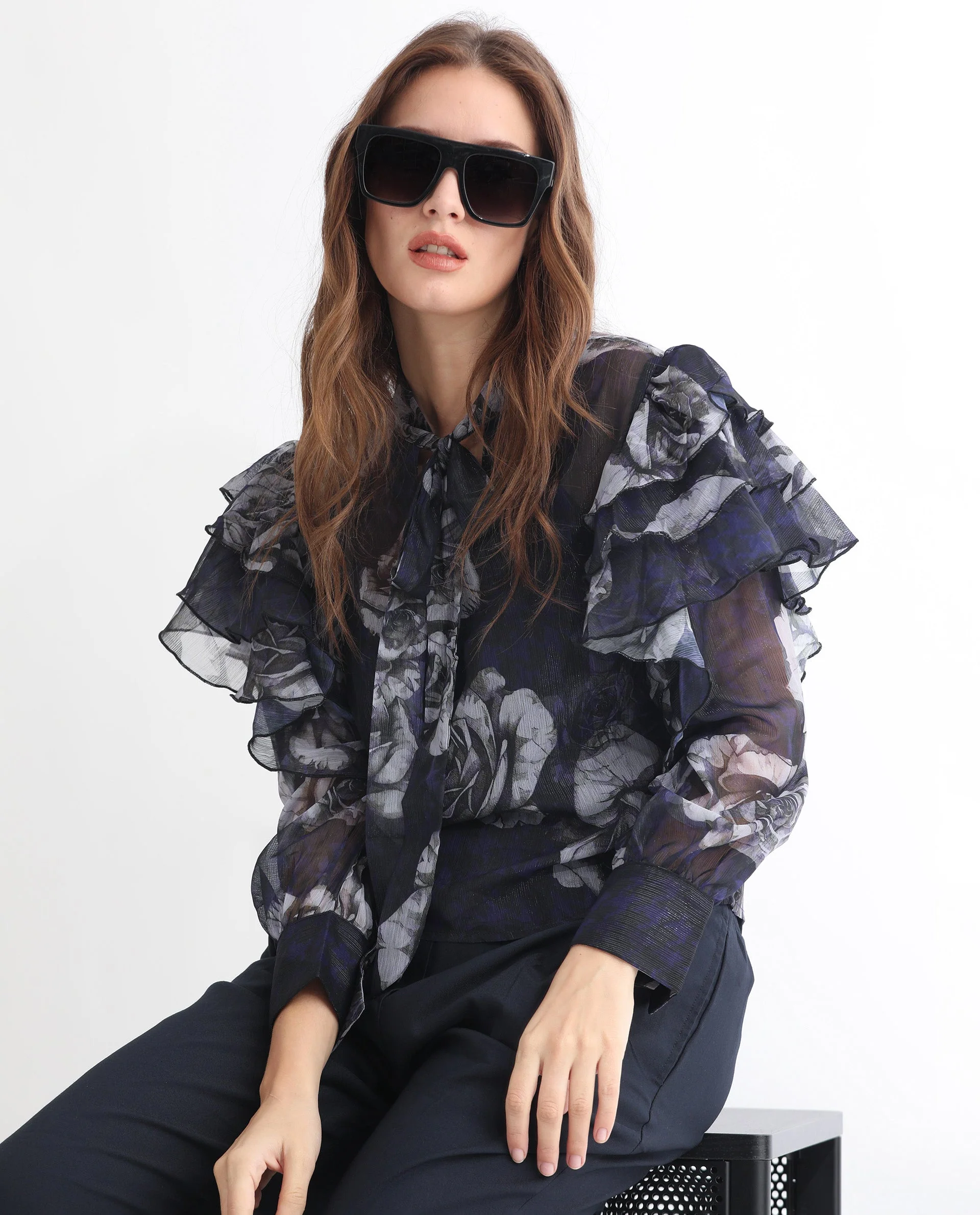Rareism Women's Ayka Dusky Purple Polyester V-Neck Floral Print Cuffed Sleeve Regular Fit Top - Image 11