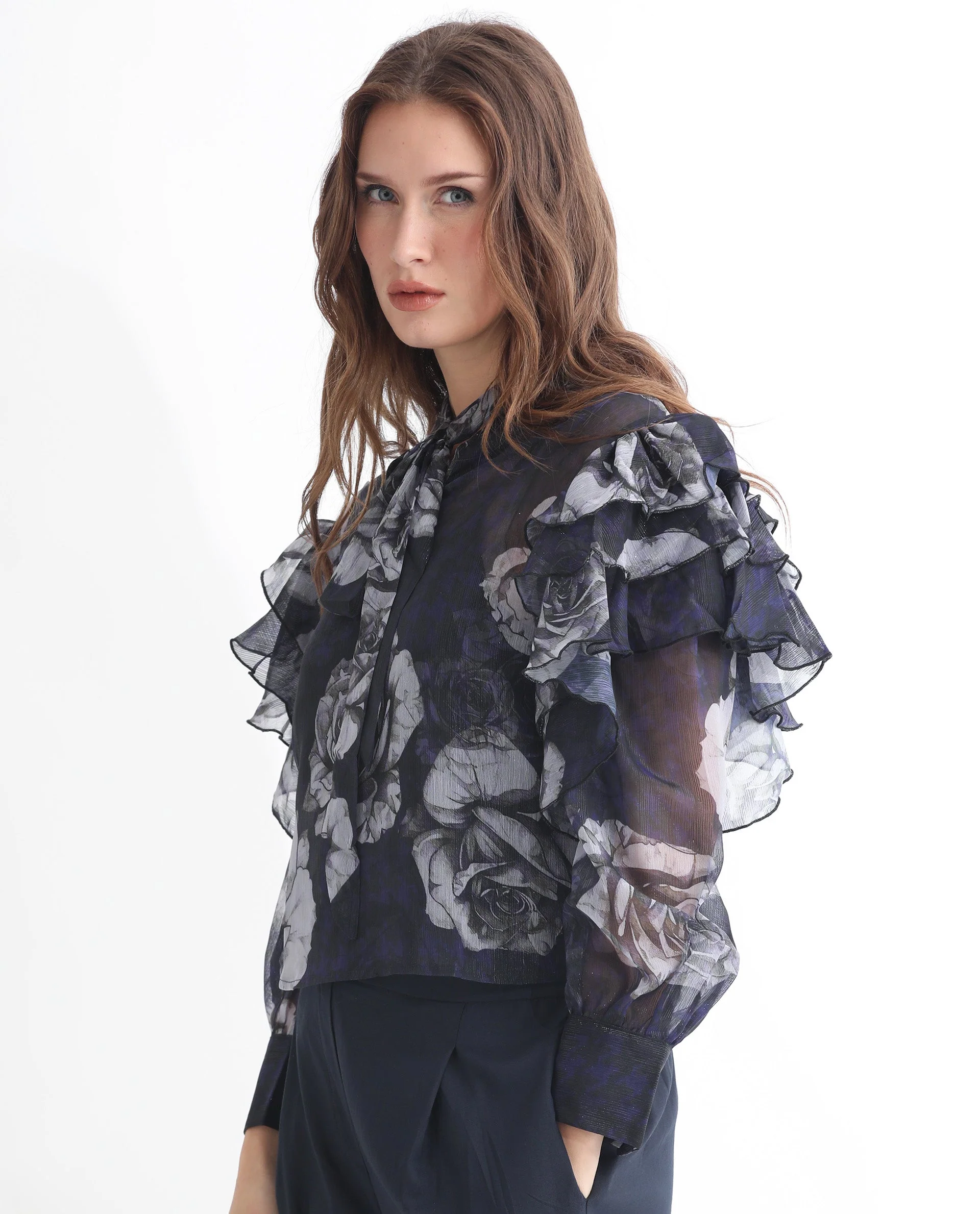 Rareism Women's Ayka Dusky Purple Polyester V-Neck Floral Print Cuffed Sleeve Regular Fit Top - Image 13