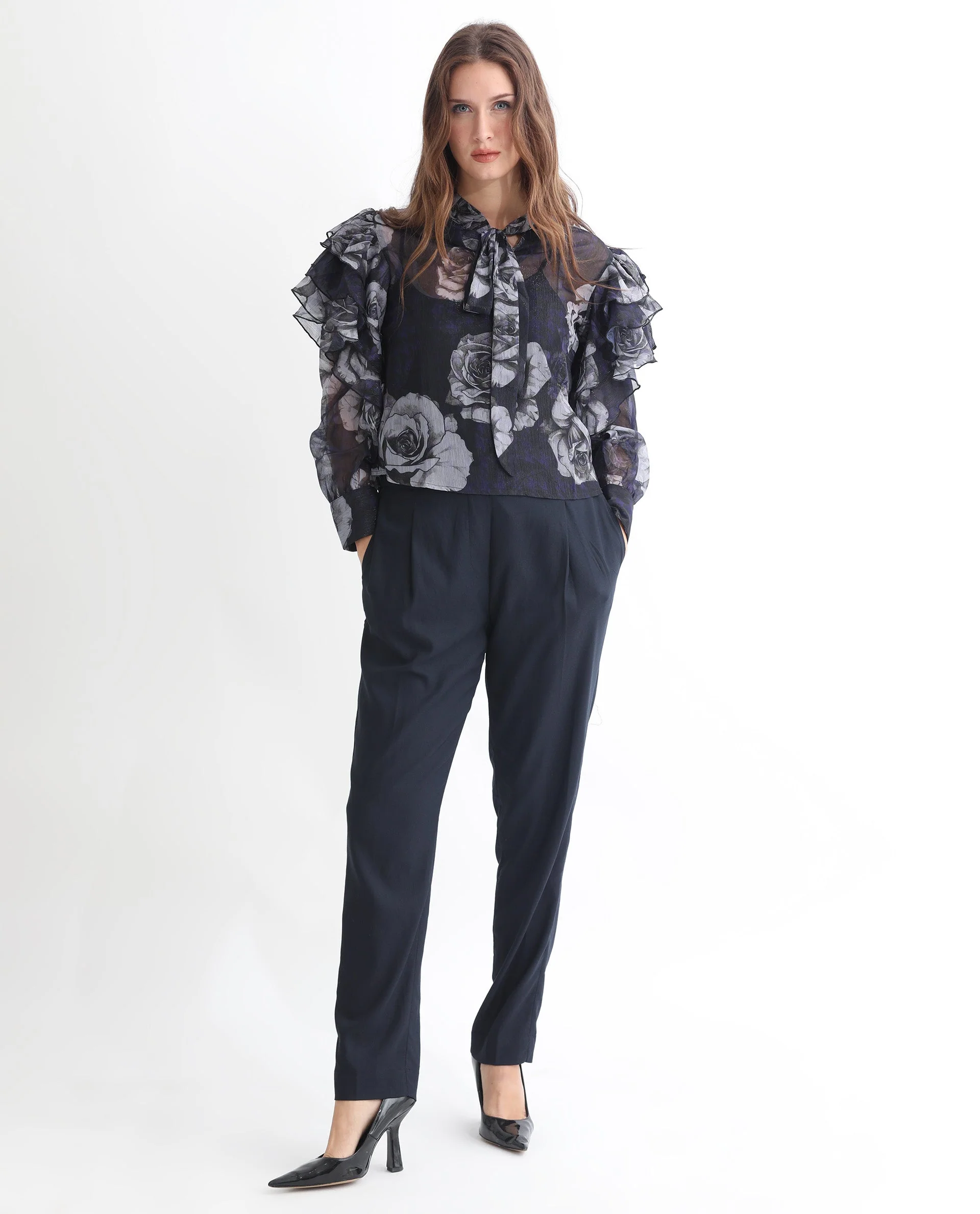 Rareism Women's Ayka Dusky Purple Polyester V-Neck Floral Print Cuffed Sleeve Regular Fit Top - Image 3