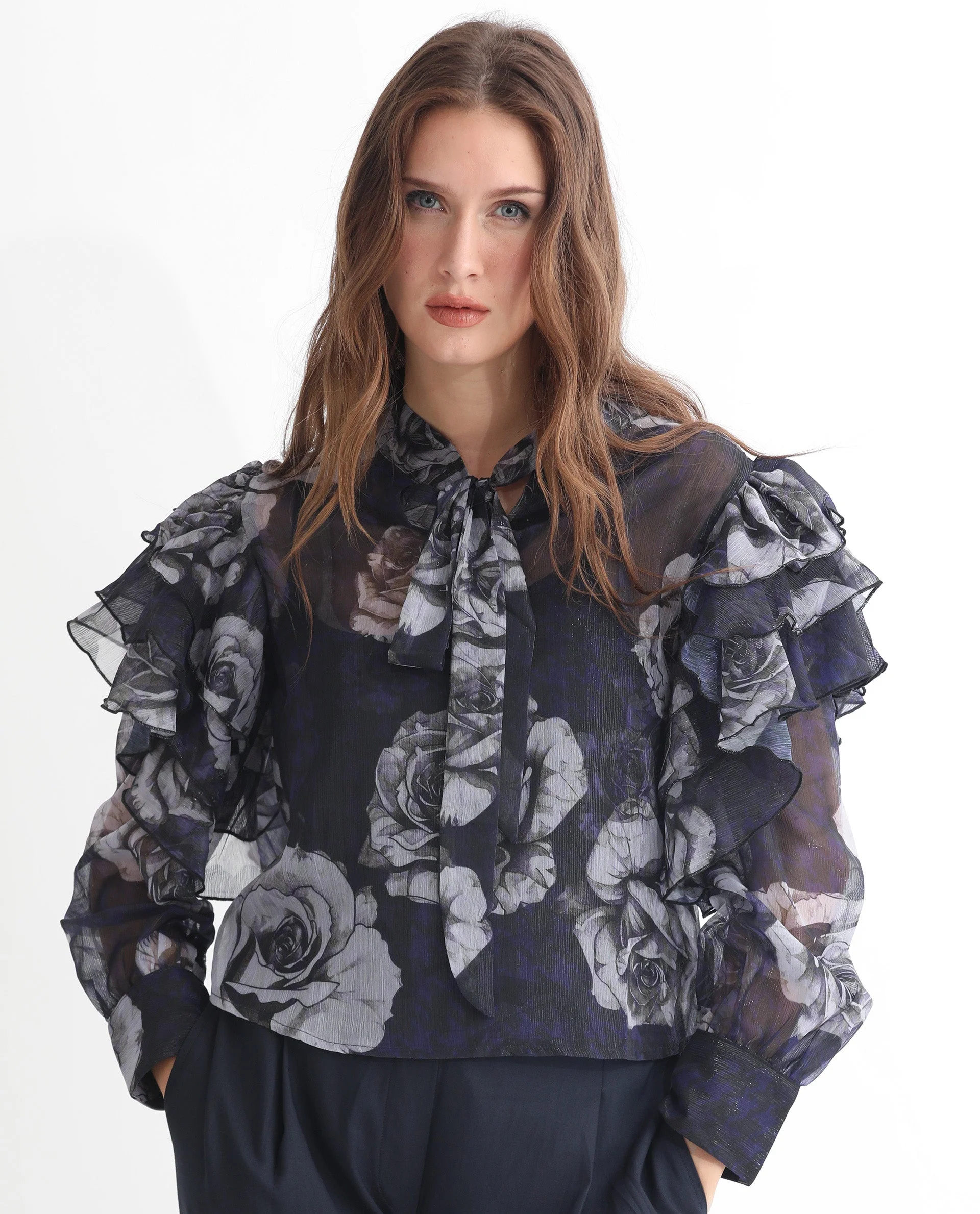 Rareism Women's Ayka Dusky Purple Polyester V-Neck Floral Print Cuffed Sleeve Regular Fit Top - Image 4