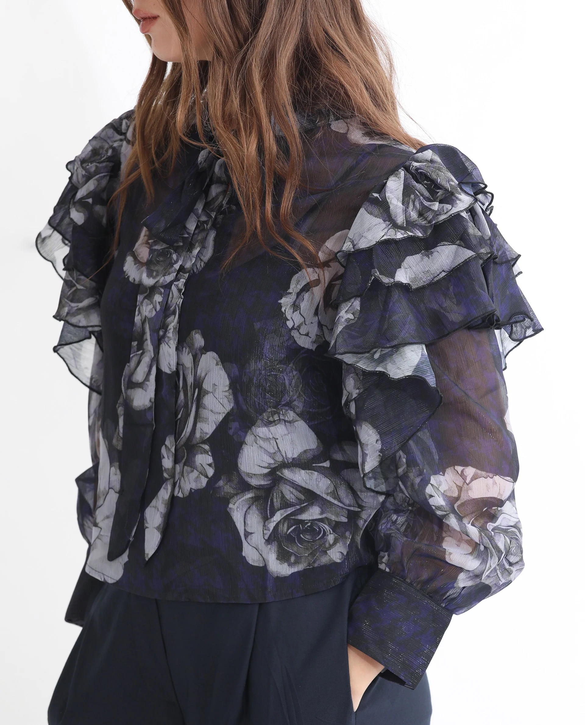 Rareism Women's Ayka Dusky Purple Polyester V-Neck Floral Print Cuffed Sleeve Regular Fit Top - Image 5