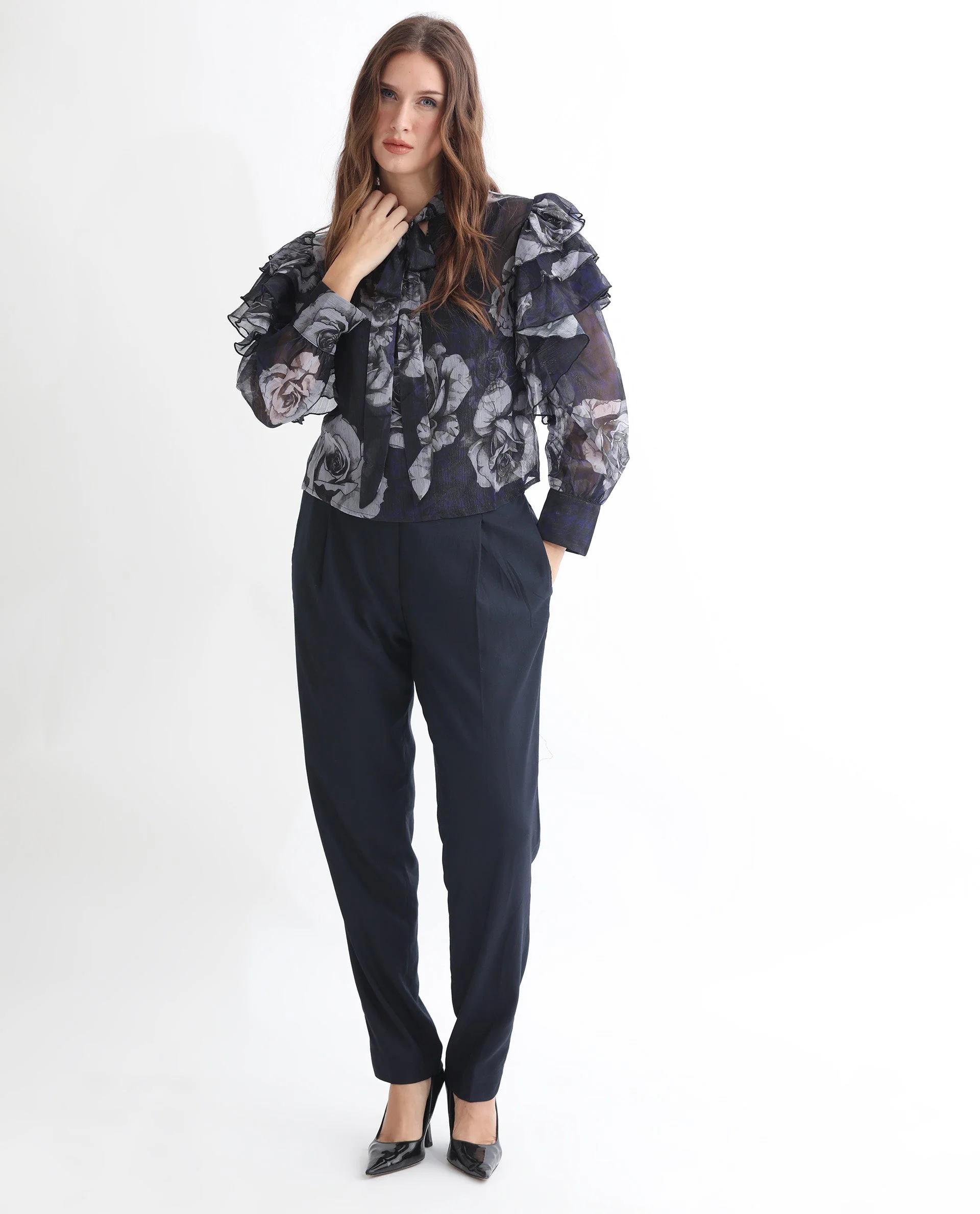 Rareism Women's Ayka Dusky Purple Polyester V-Neck Floral Print Cuffed Sleeve Regular Fit Top - Image 9
