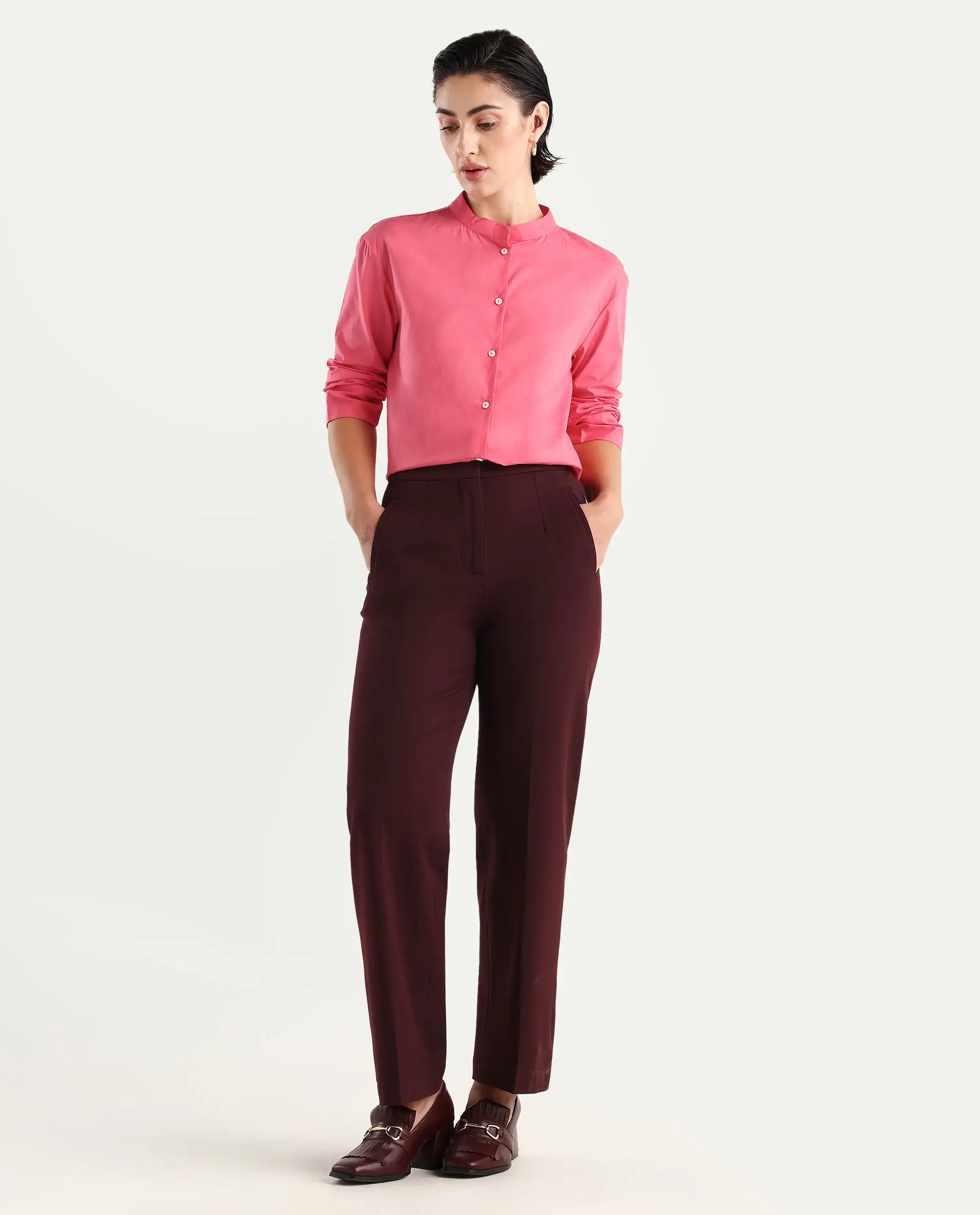Rareism Women's Aytac Light Pink Mandarin Collar Plain Cuffed Sleeve Regular Fit Top - Image 2