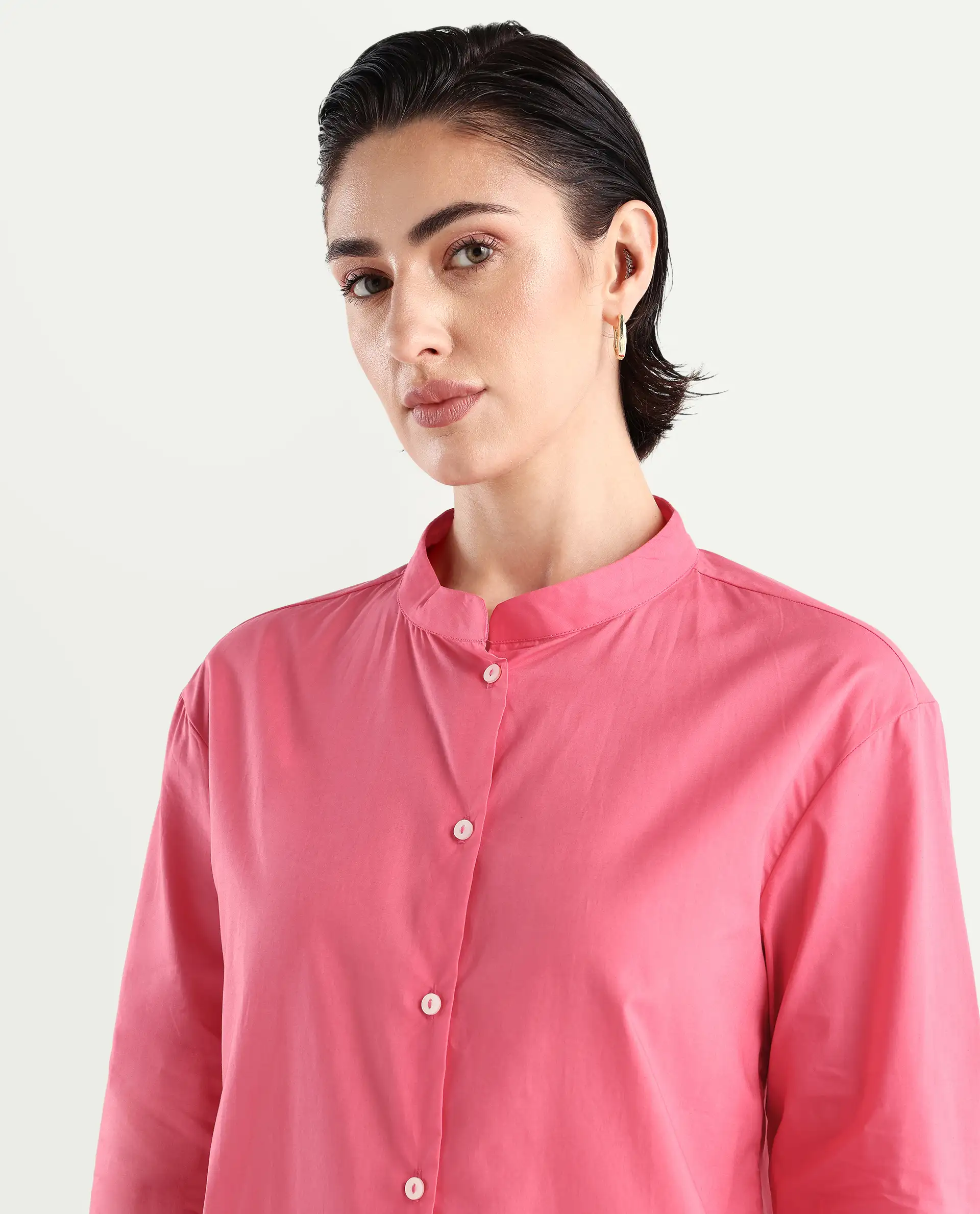 Rareism Women's Aytac Light Pink Mandarin Collar Plain Cuffed Sleeve Regular Fit Top - Image 3