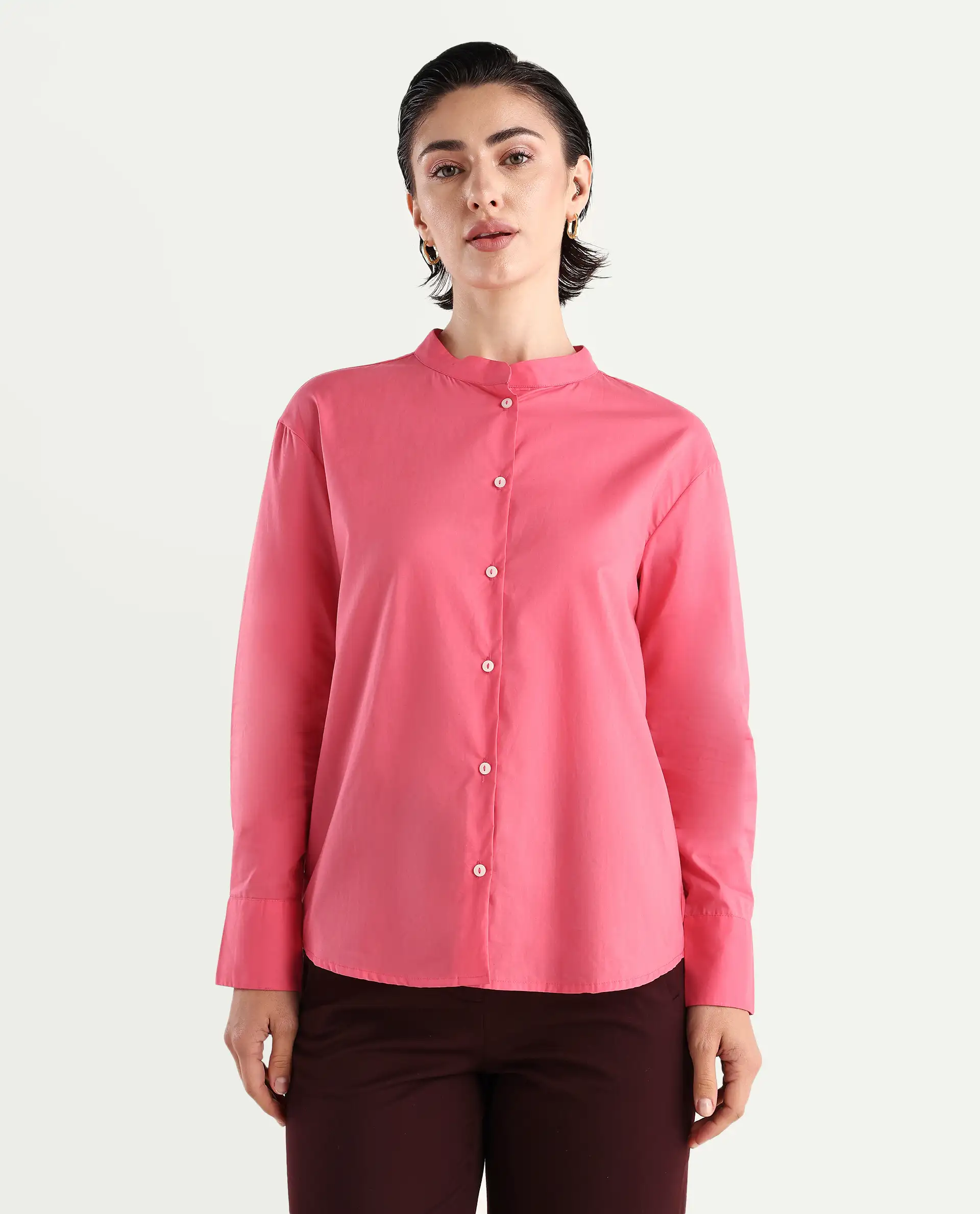 Rareism Women's Aytac Light Pink Mandarin Collar Plain Cuffed Sleeve Regular Fit Top - Image 4