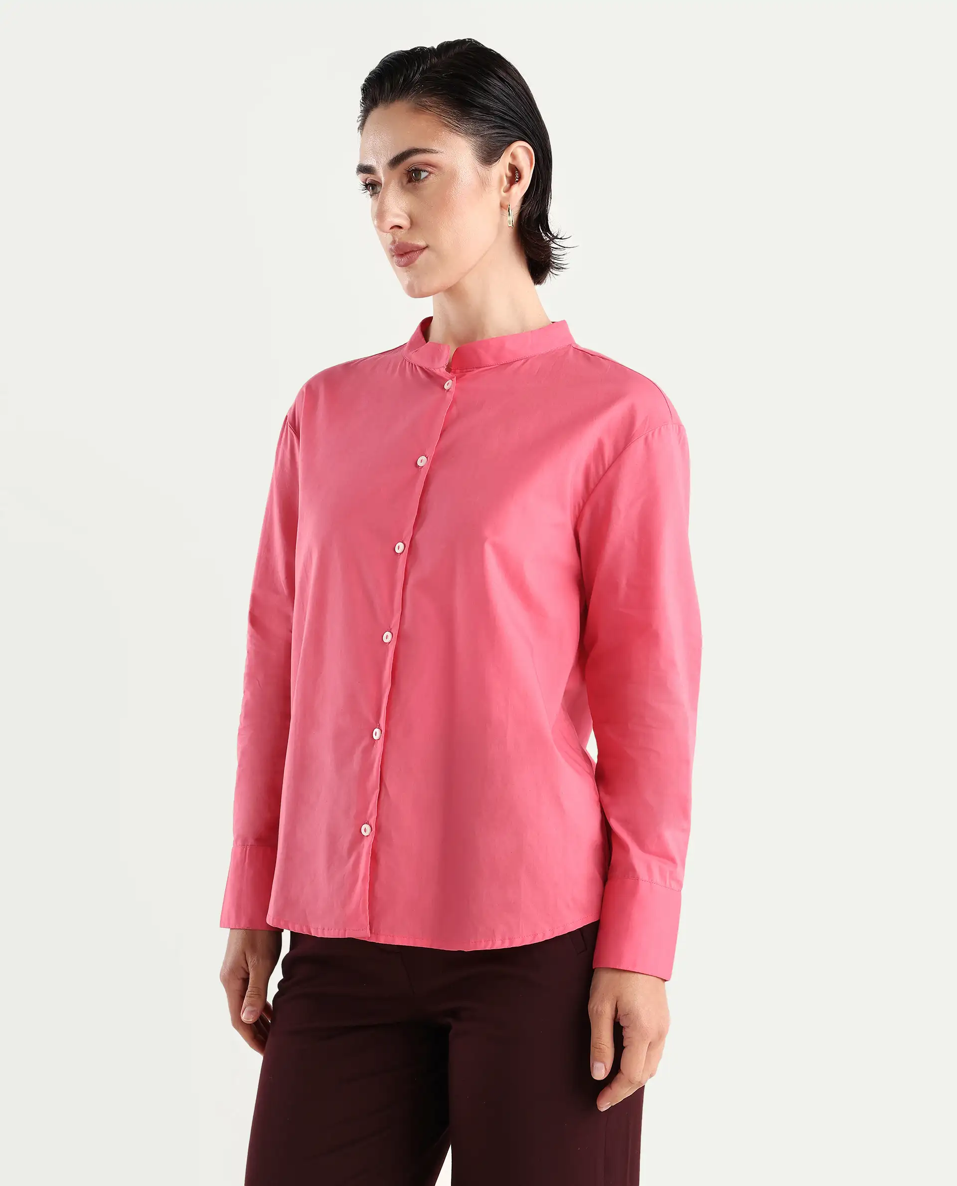 Rareism Women's Aytac Light Pink Mandarin Collar Plain Cuffed Sleeve Regular Fit Top - Image 5