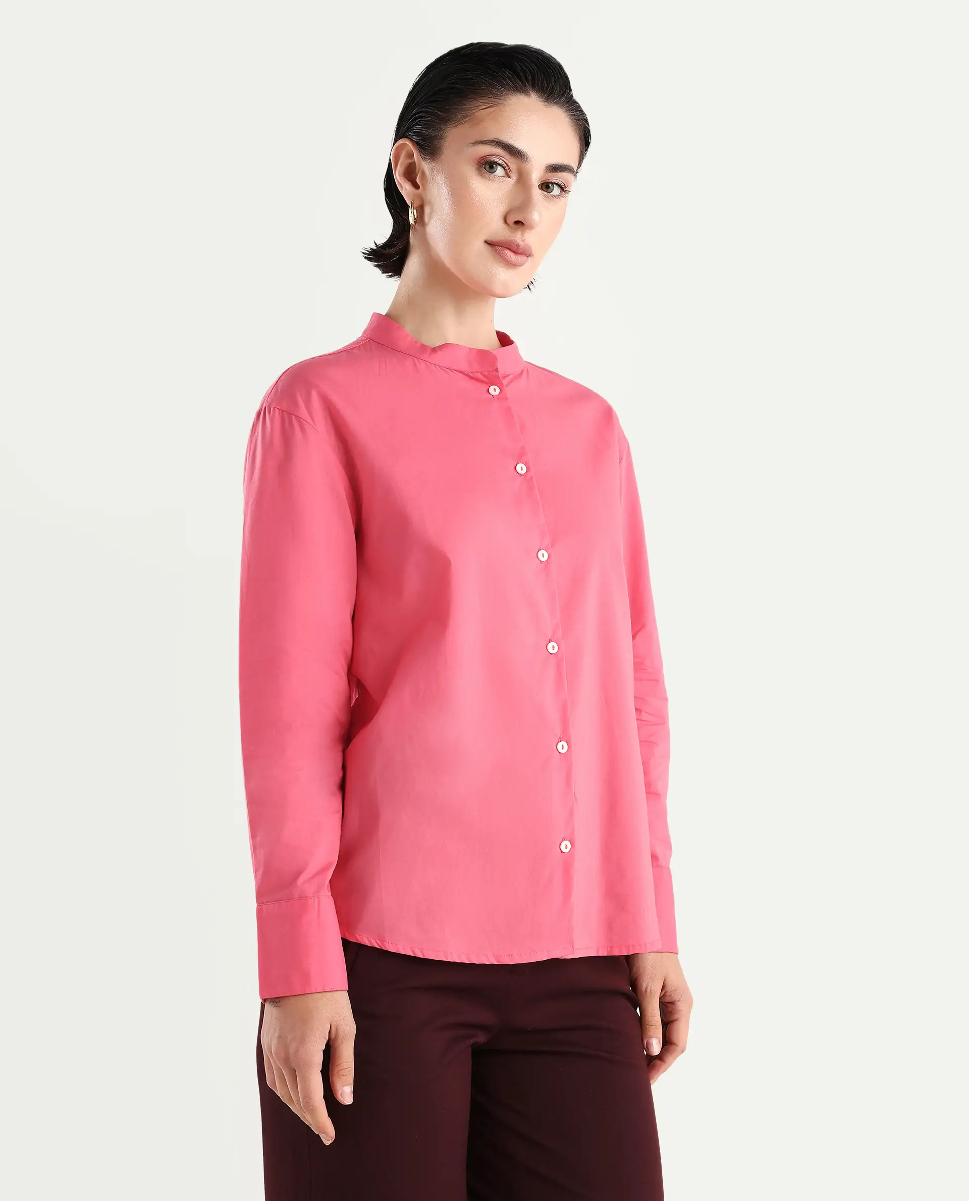 Rareism Women's Aytac Light Pink Mandarin Collar Plain Cuffed Sleeve Regular Fit Top - Image 6