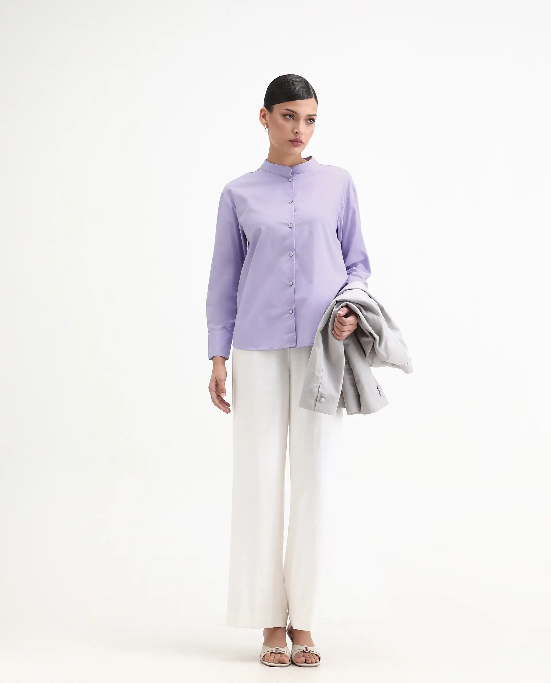 Rareism Women's Aytac Light Purple Cotton Mandarin Collar Plain Cuffed Sleeve Regular Fit Top - Image 2