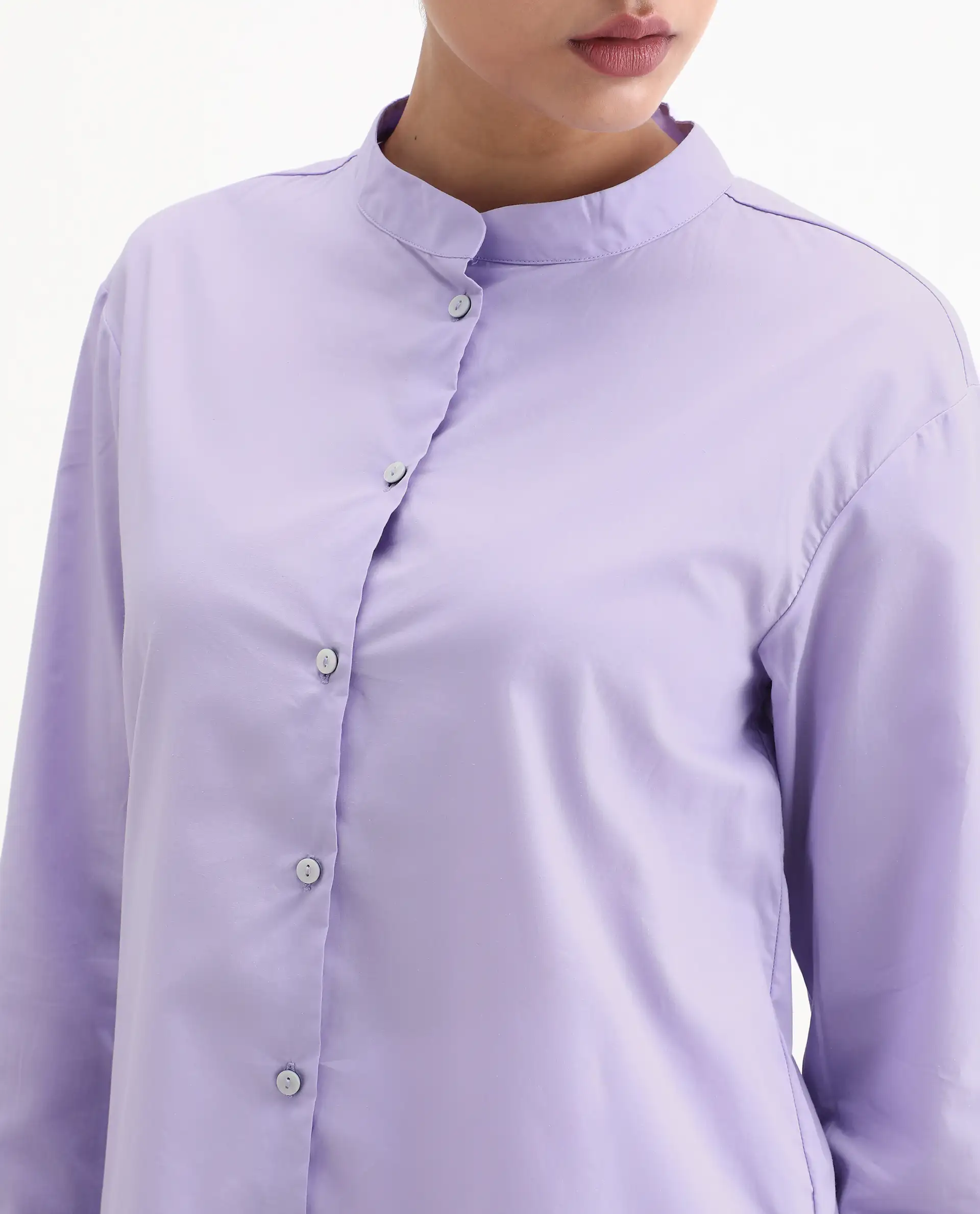 Rareism Women's Aytac Light Purple Cotton Mandarin Collar Plain Cuffed Sleeve Regular Fit Top - Image 3