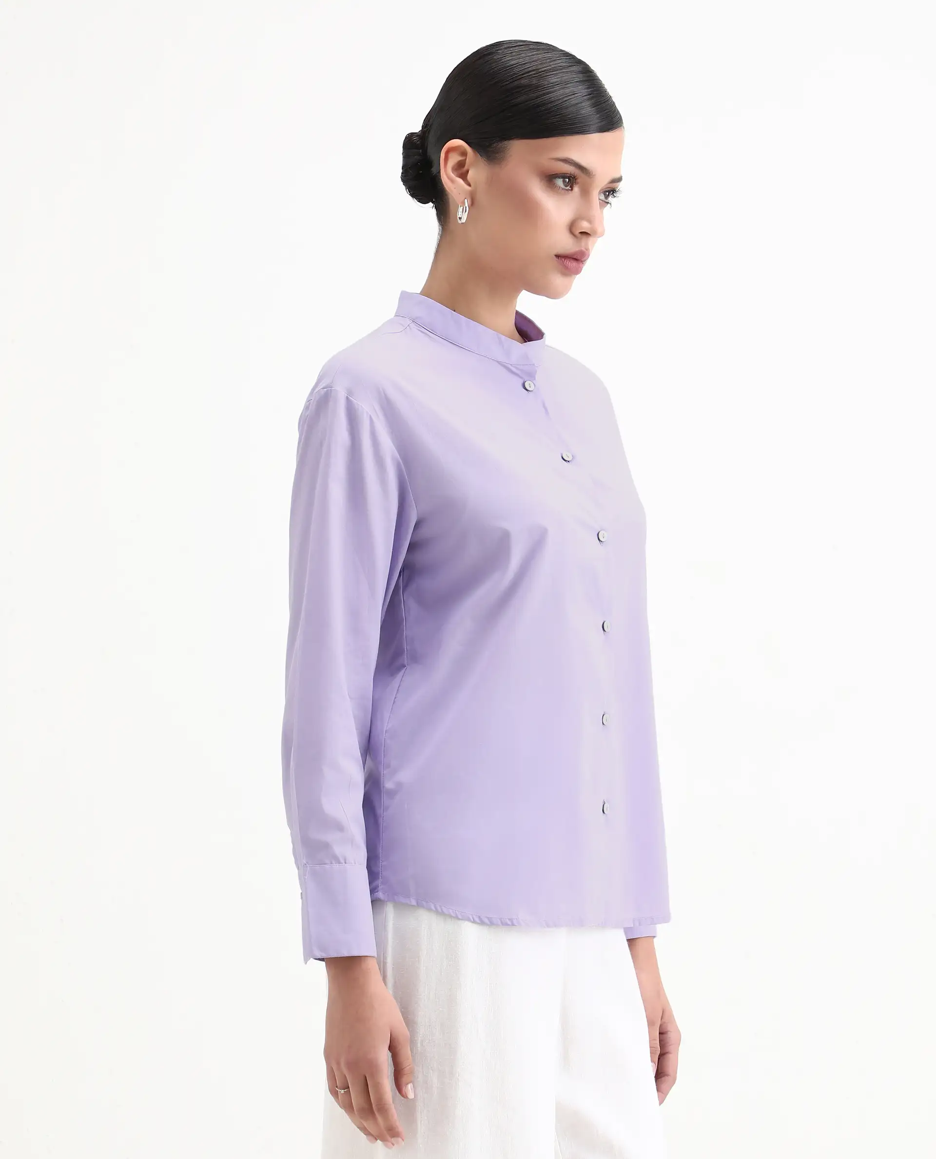 Rareism Women's Aytac Light Purple Cotton Mandarin Collar Plain Cuffed Sleeve Regular Fit Top - Image 4