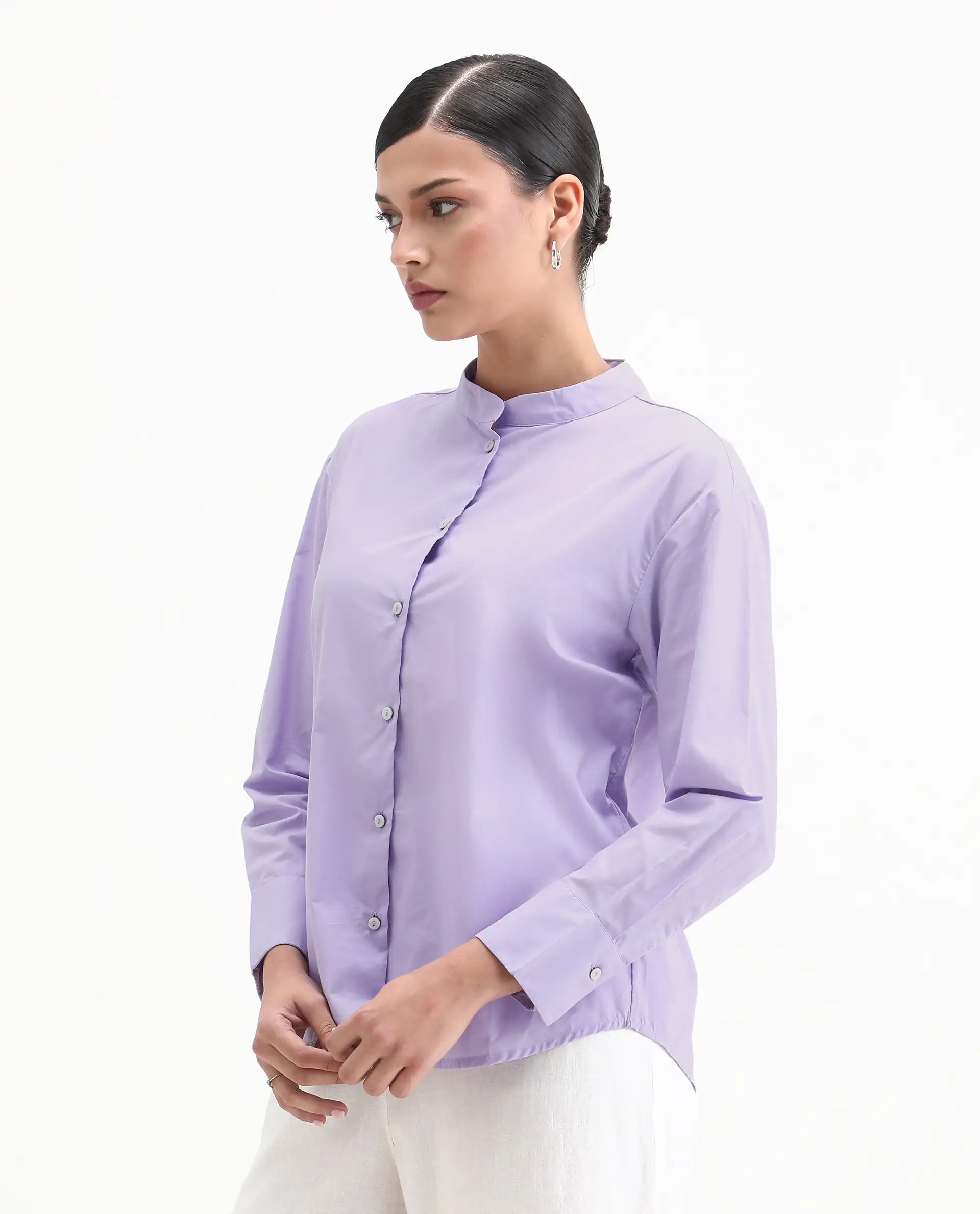Rareism Women's Aytac Light Purple Cotton Mandarin Collar Plain Cuffed Sleeve Regular Fit Top - Image 5