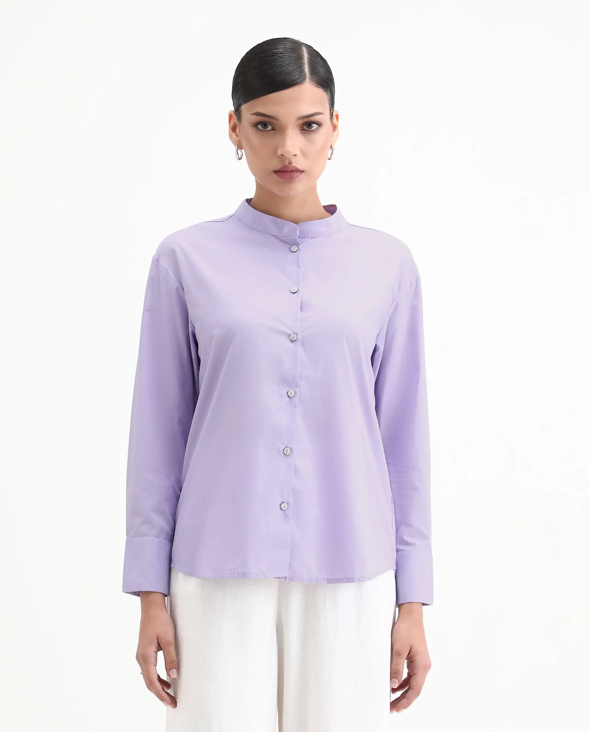 Rareism Women's Aytac Light Purple Cotton Mandarin Collar Plain Cuffed Sleeve Regular Fit Top - Image 6