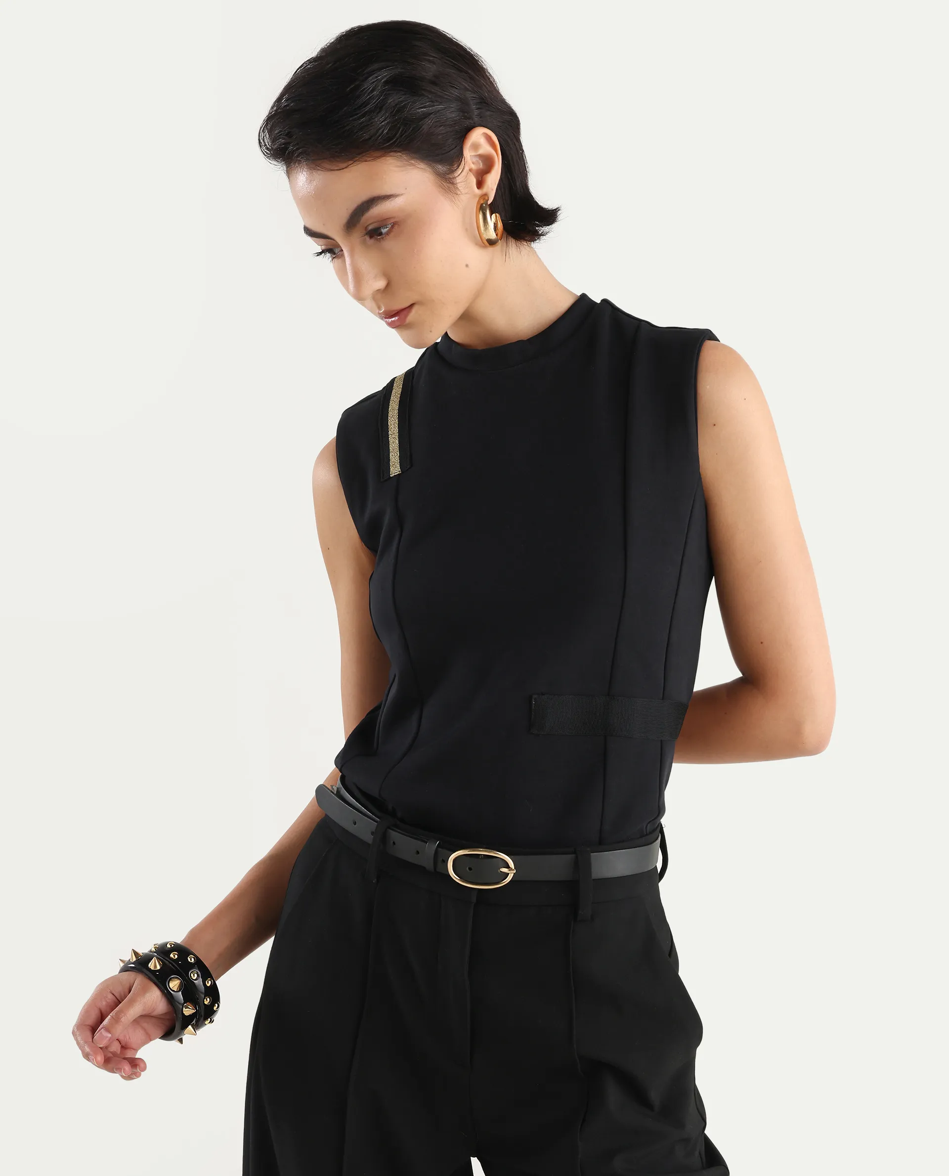 Rareism Women's Aytat Black Cotton High Neck Plain Sleeveless Slim Fit Top