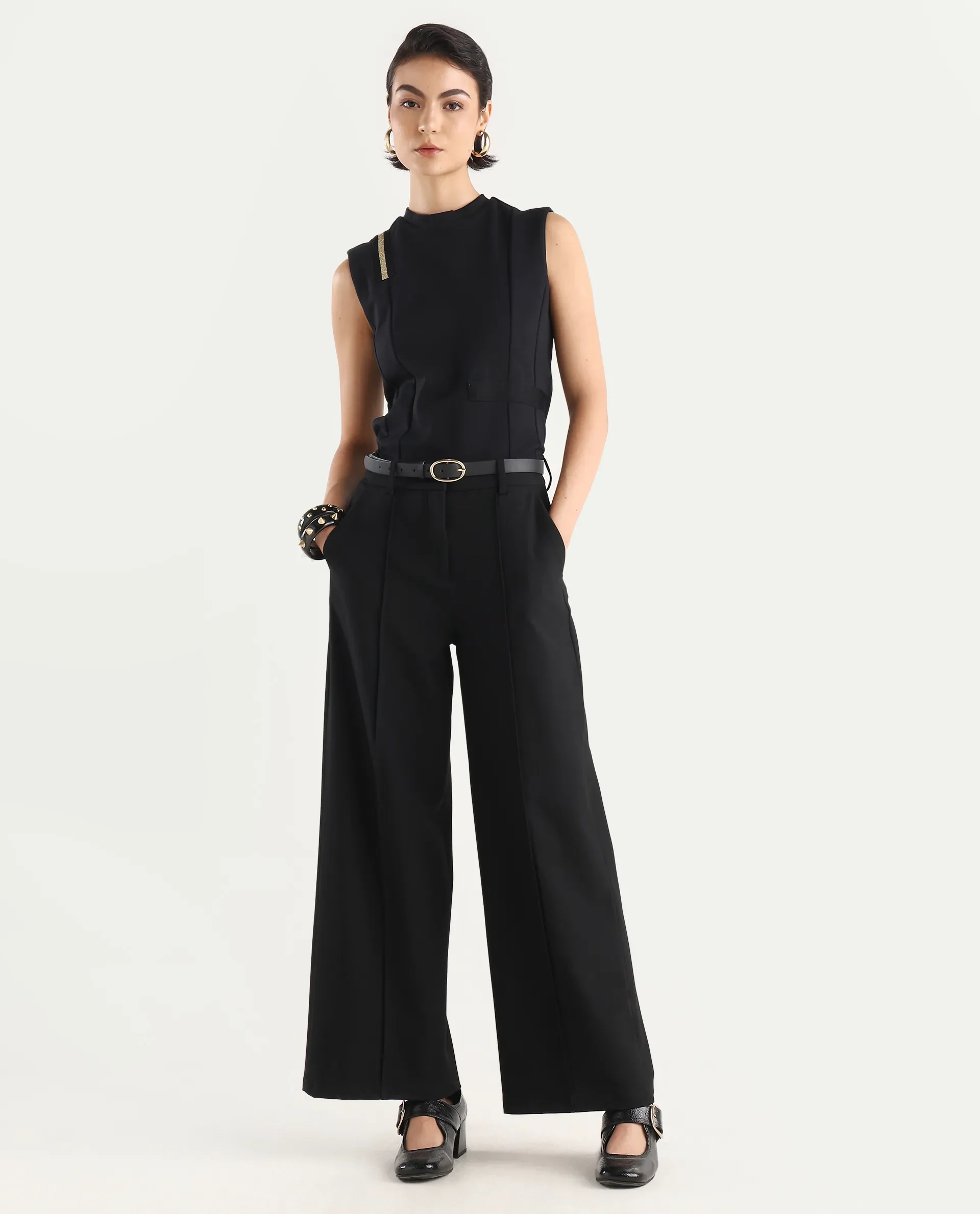 Rareism Women's Aytat Black Cotton High Neck Plain Sleeveless Slim Fit Top - Image 2
