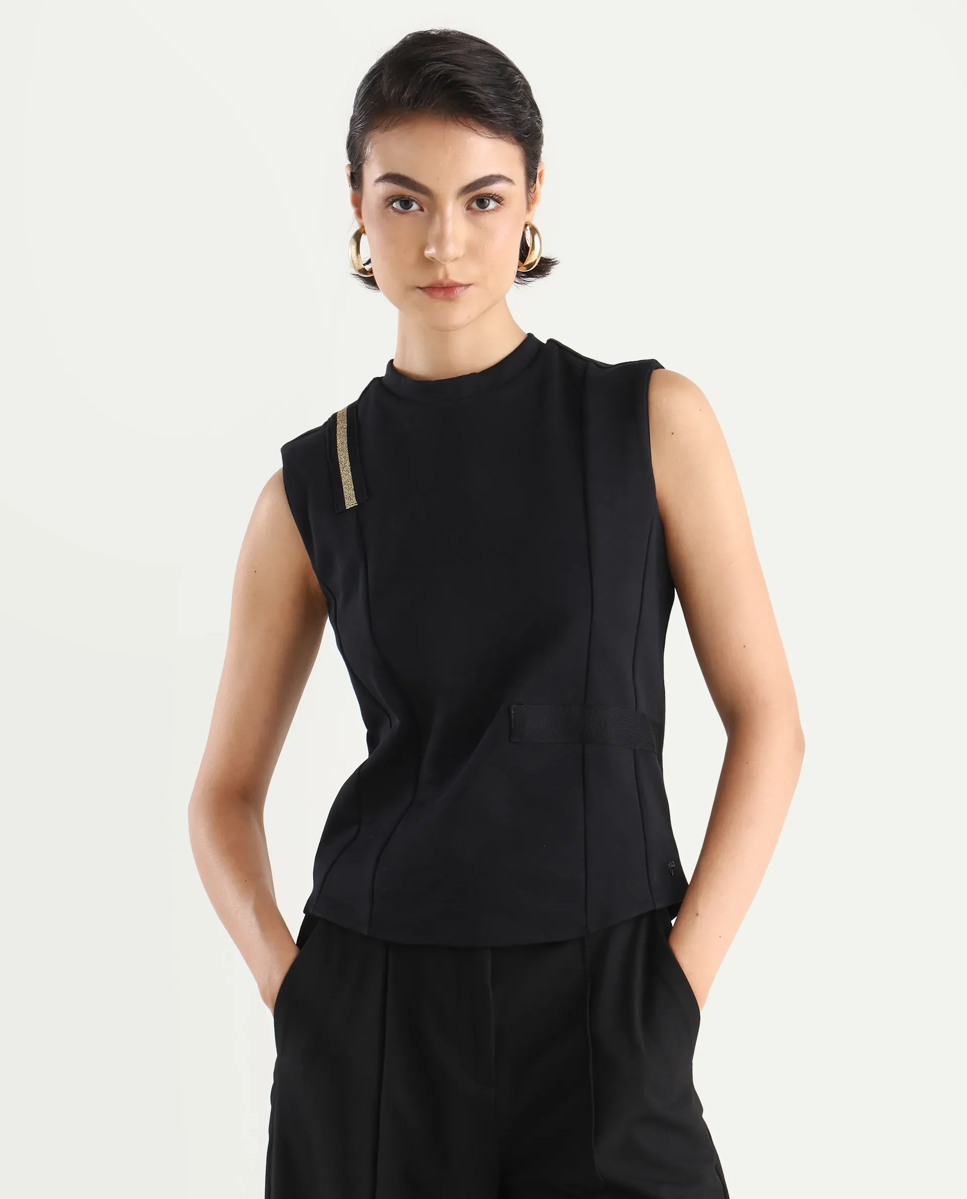 Rareism Women's Aytat Black Cotton High Neck Plain Sleeveless Slim Fit Top - Image 3