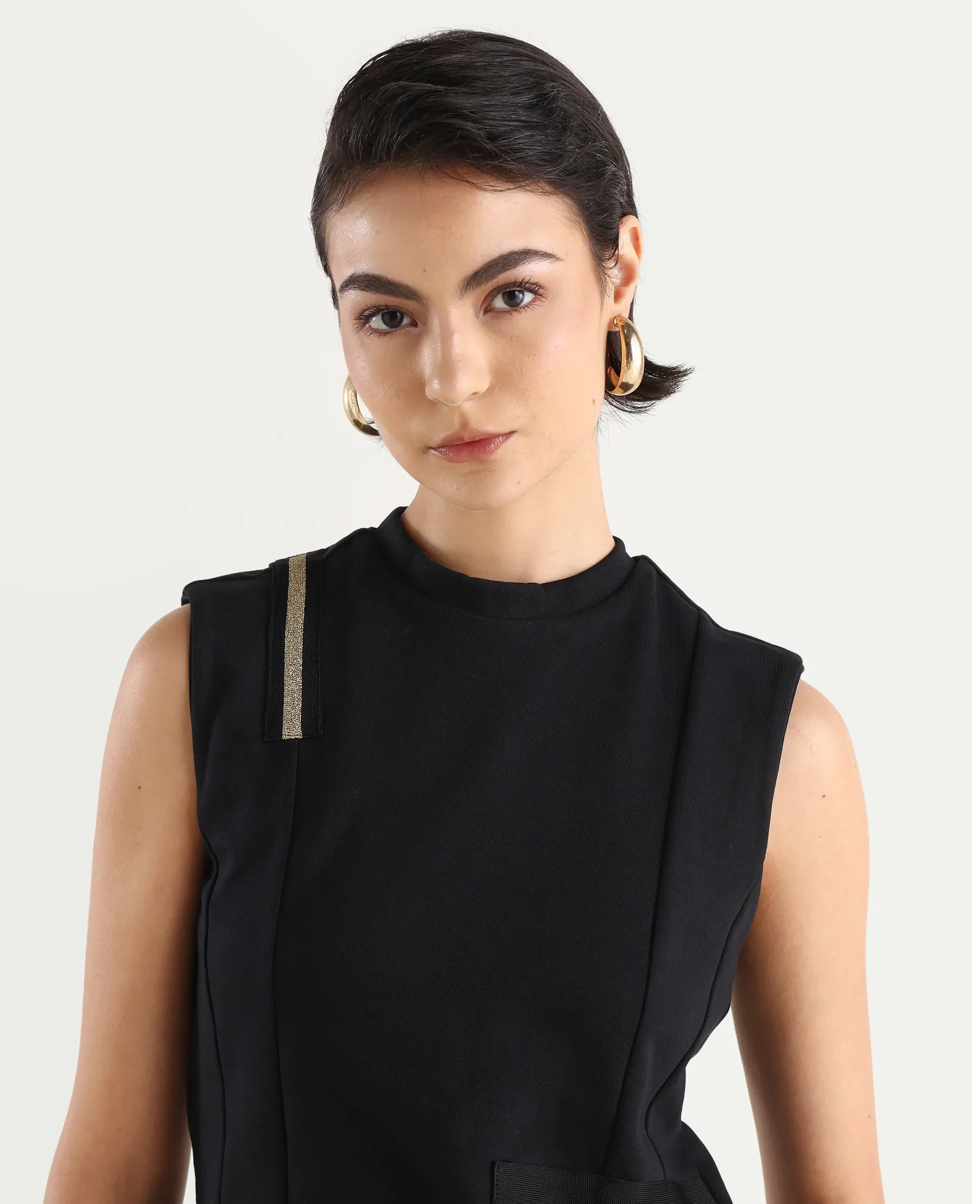 Rareism Women's Aytat Black Cotton High Neck Plain Sleeveless Slim Fit Top - Image 4