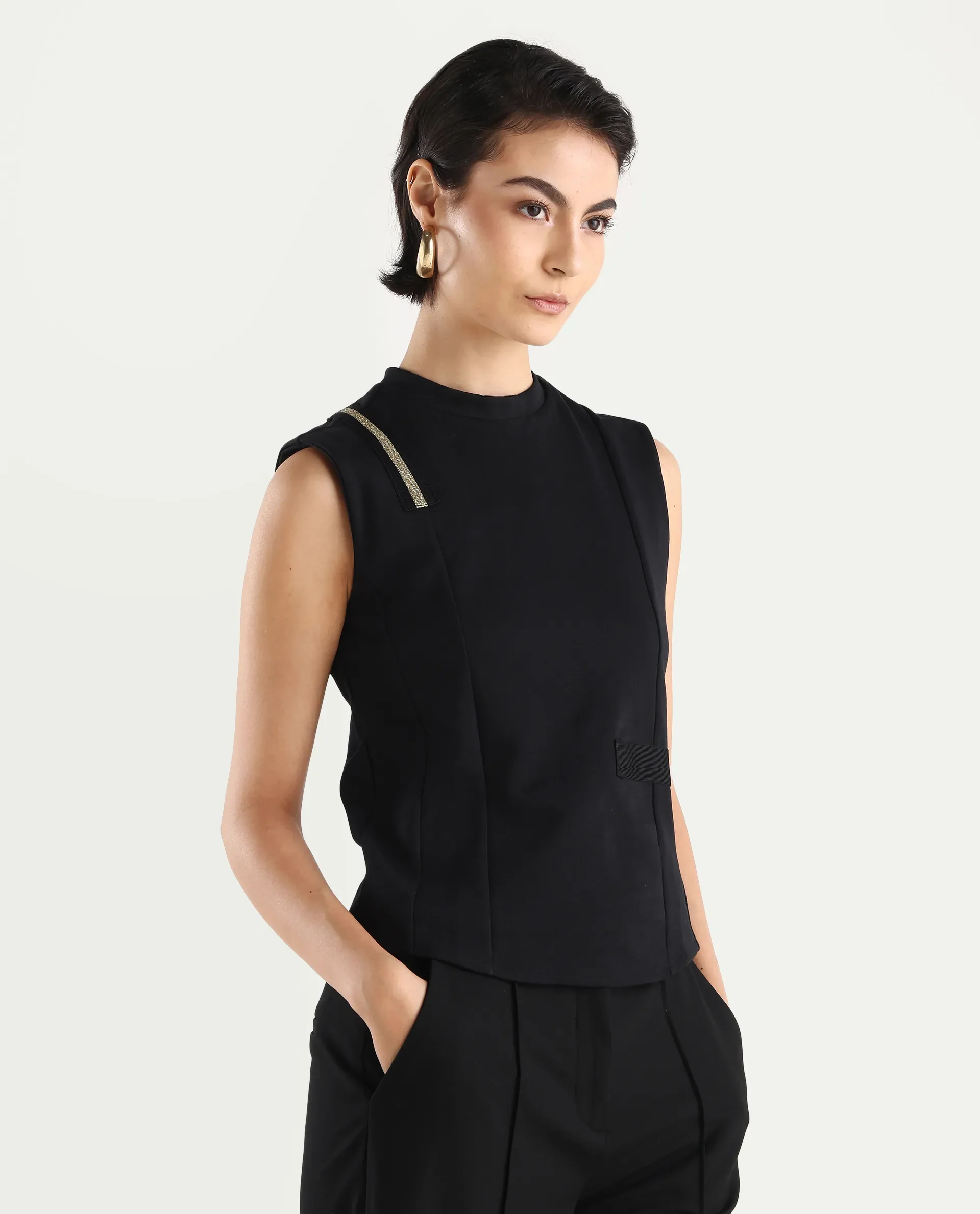 Rareism Women's Aytat Black Cotton High Neck Plain Sleeveless Slim Fit Top - Image 6