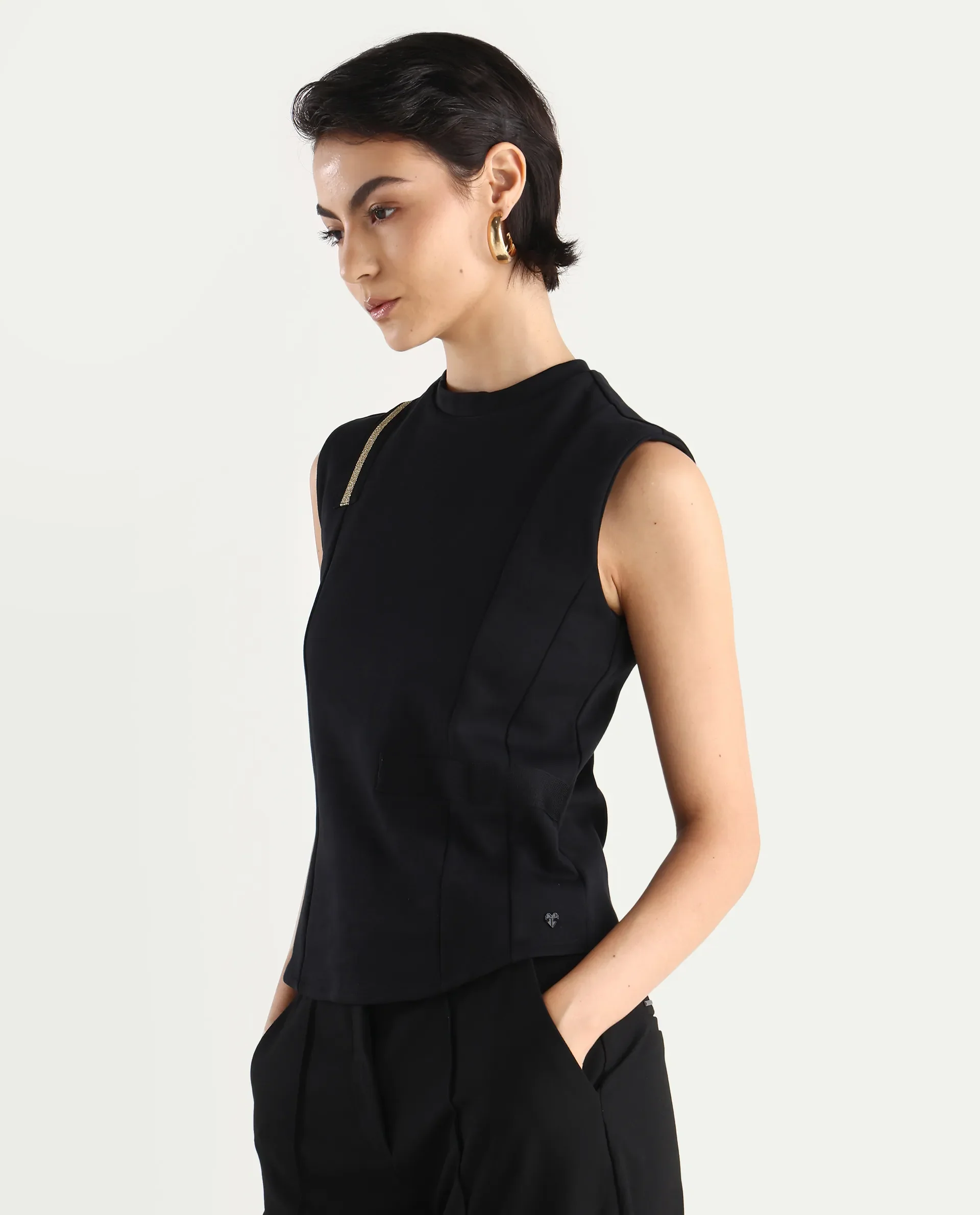 Rareism Women's Aytat Black Cotton High Neck Plain Sleeveless Slim Fit Top - Image 7