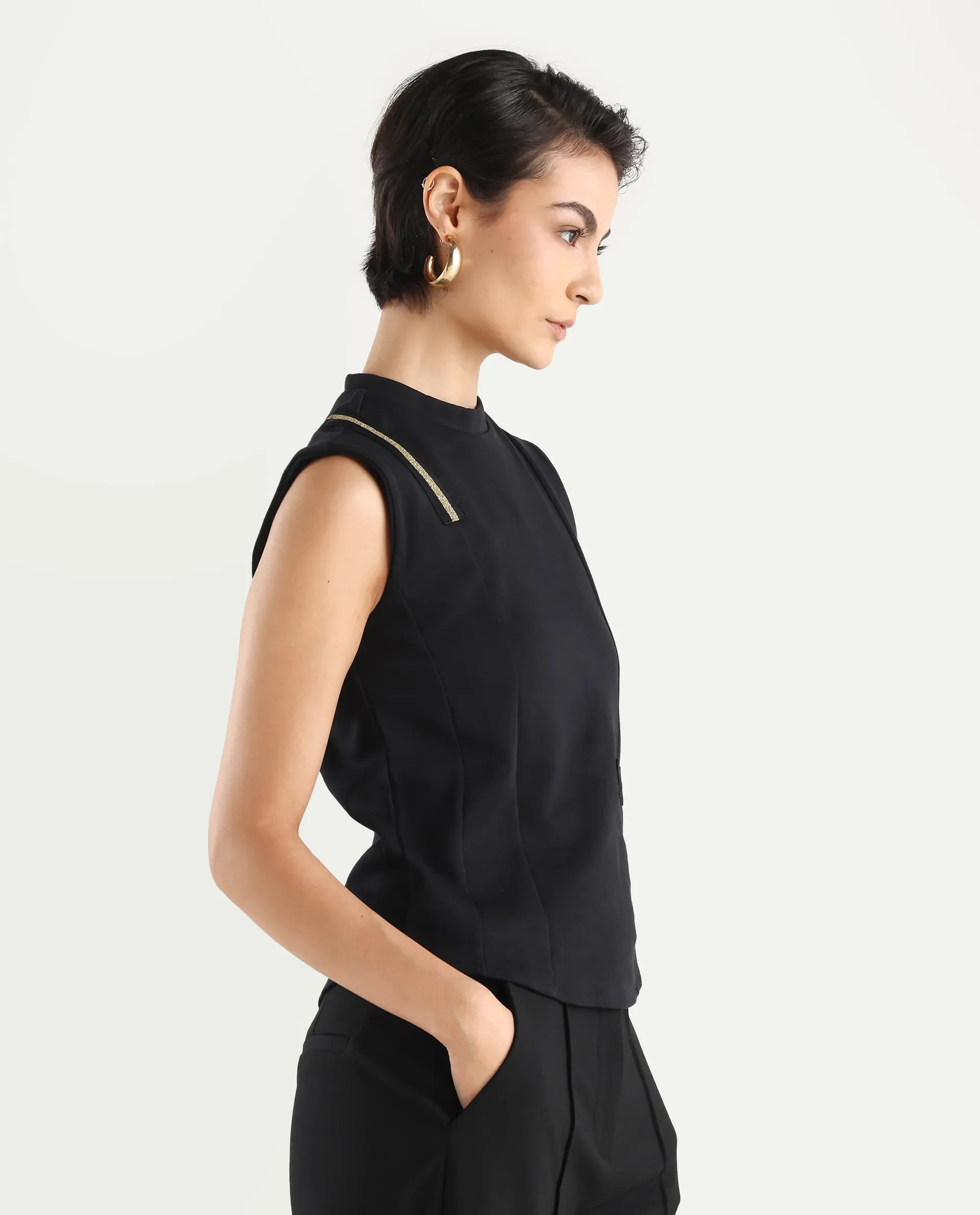 Rareism Women's Aytat Black Cotton High Neck Plain Sleeveless Slim Fit Top - Image 8