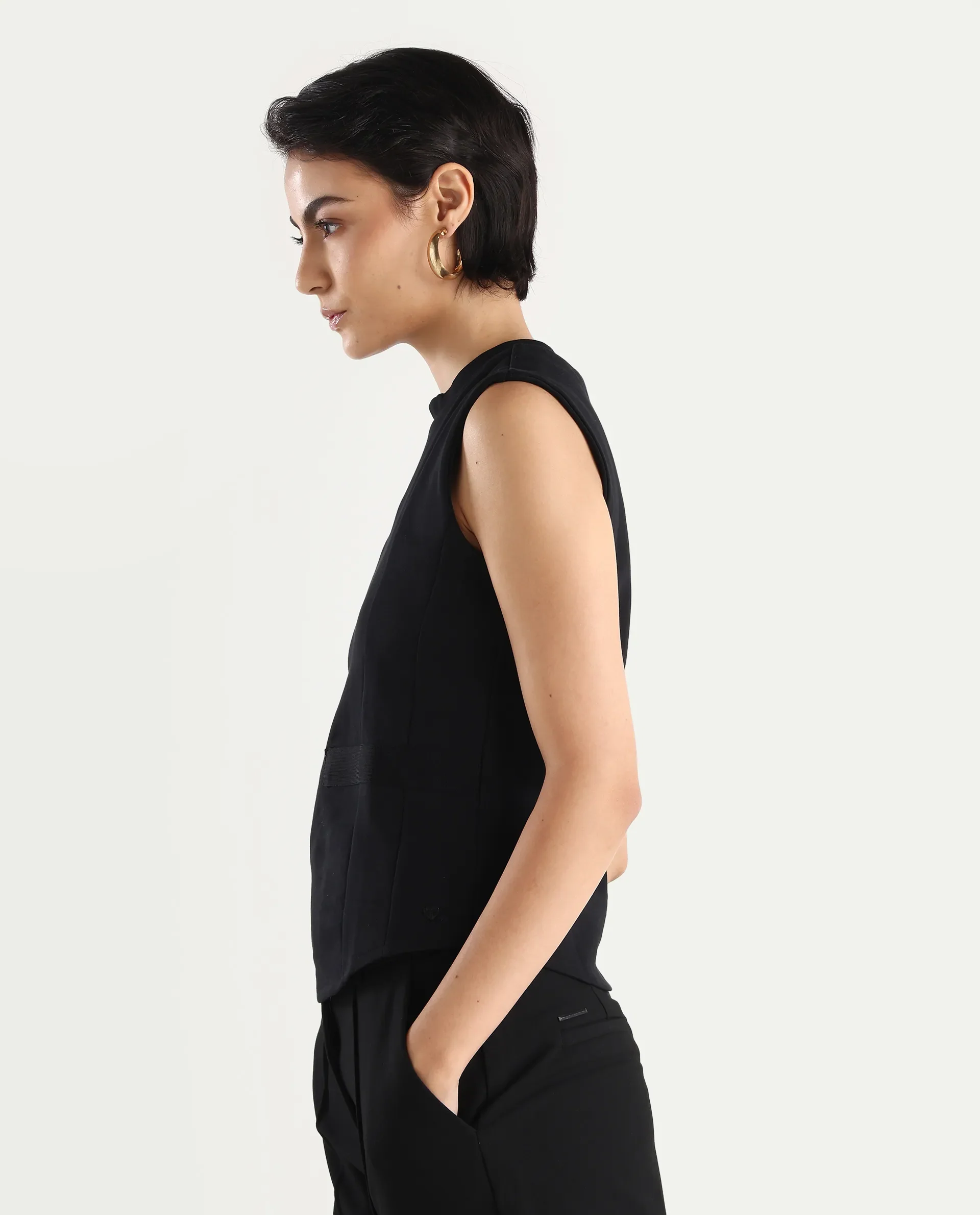 Rareism Women's Aytat Black Cotton High Neck Plain Sleeveless Slim Fit Top - Image 9