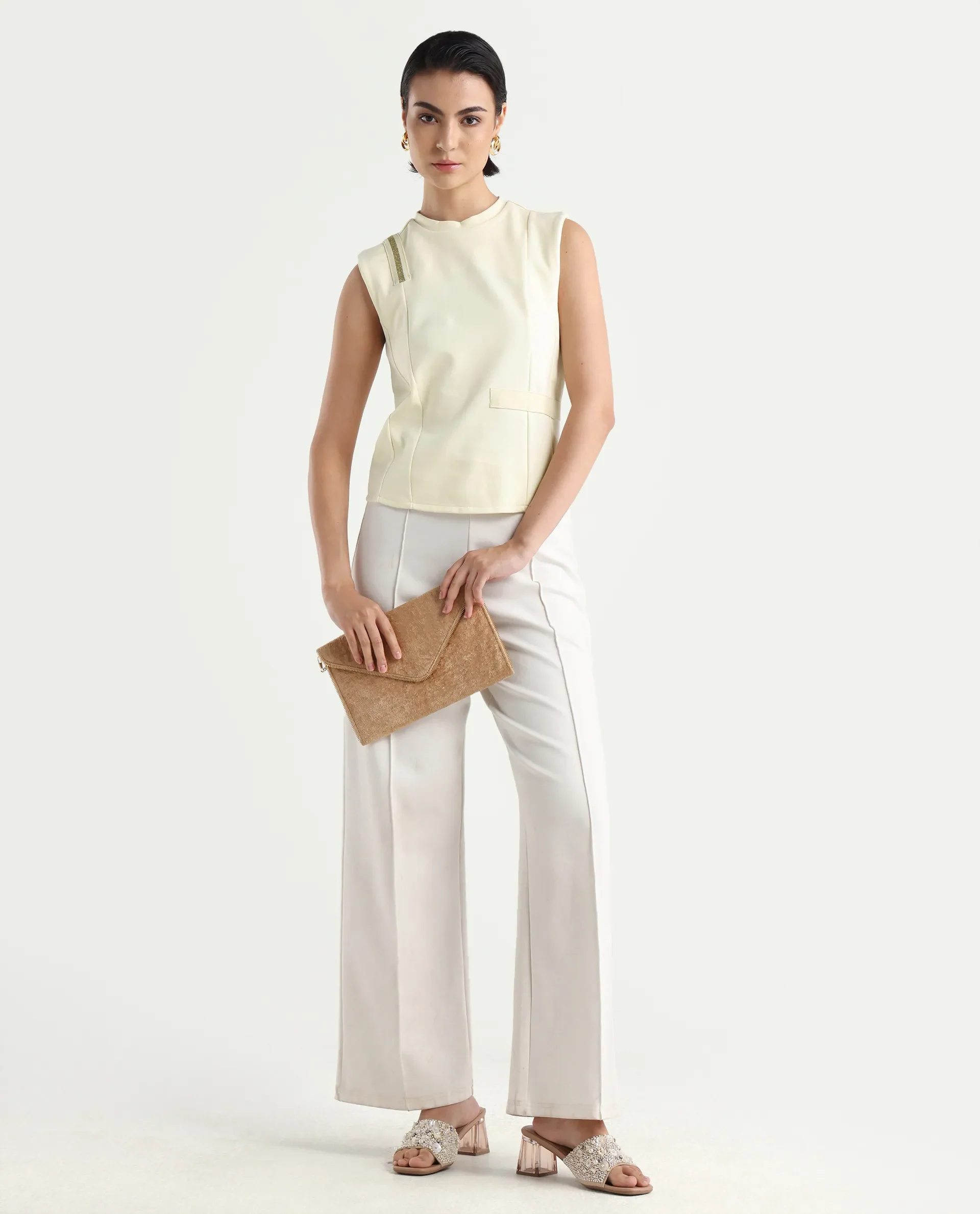 Rareism Women's Aytat Off White Cotton High Neck Plain Sleeveless Slim Fit Top - Image 2