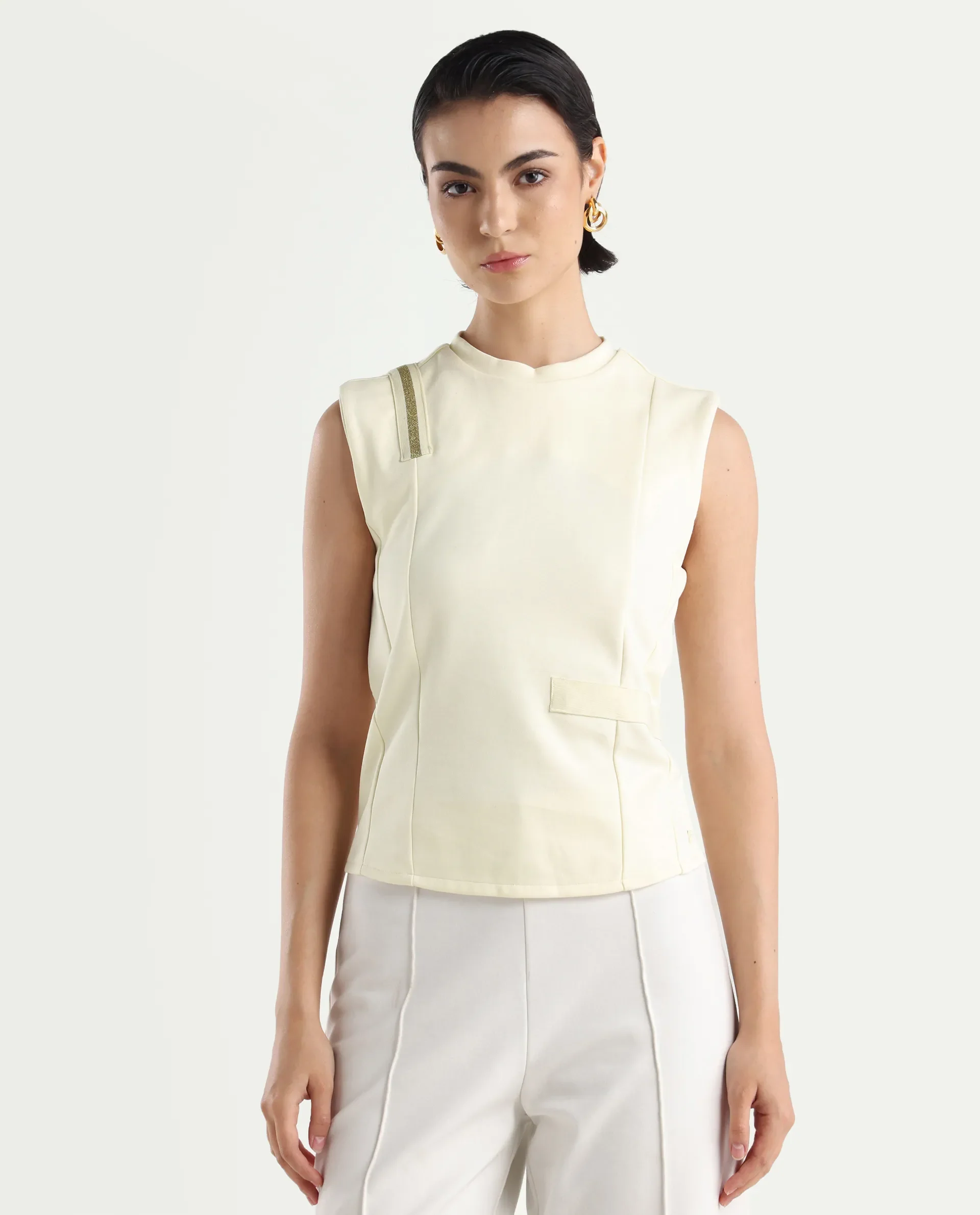 Rareism Women's Aytat Off White Cotton High Neck Plain Sleeveless Slim Fit Top - Image 3