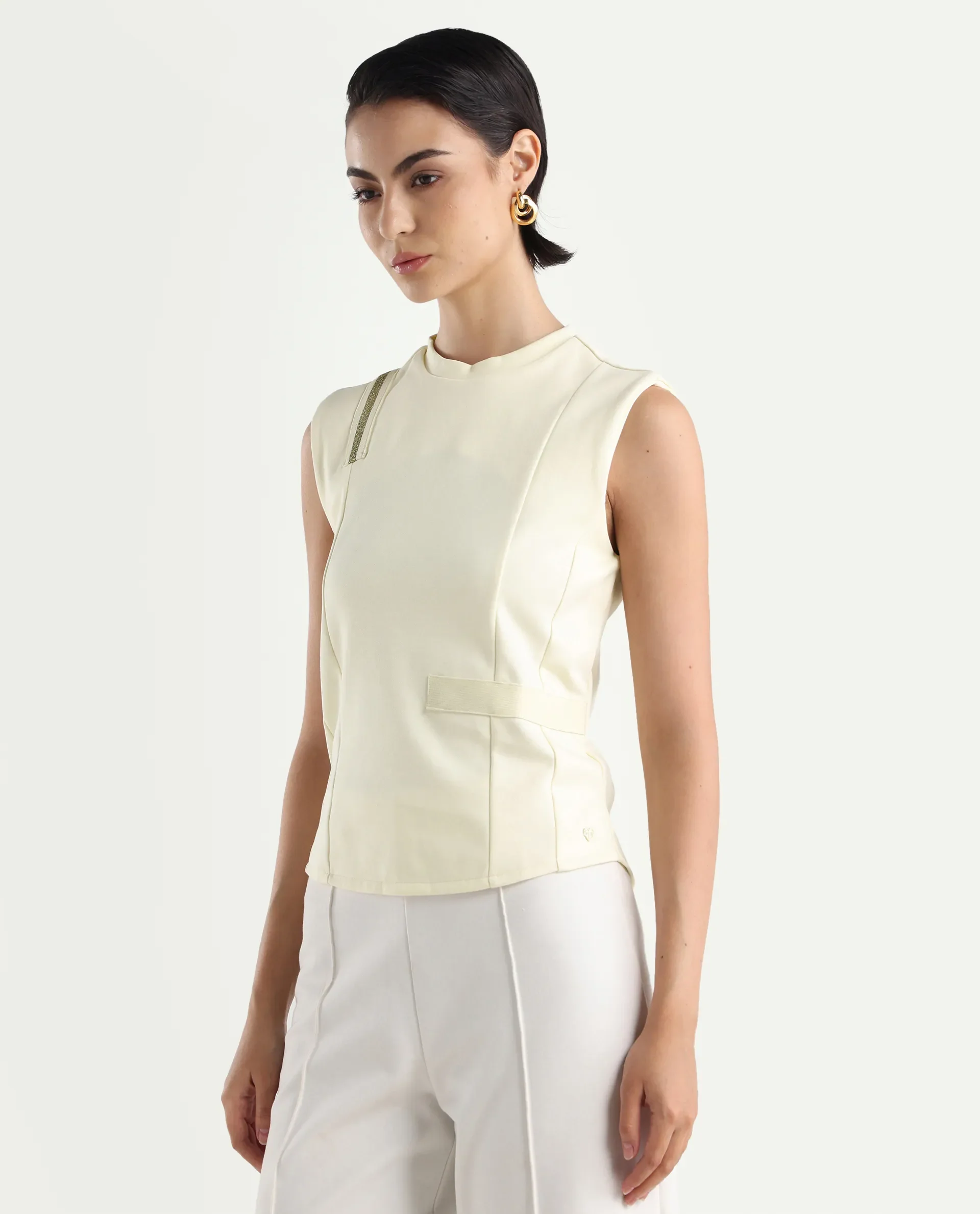 Rareism Women's Aytat Off White Cotton High Neck Plain Sleeveless Slim Fit Top - Image 5