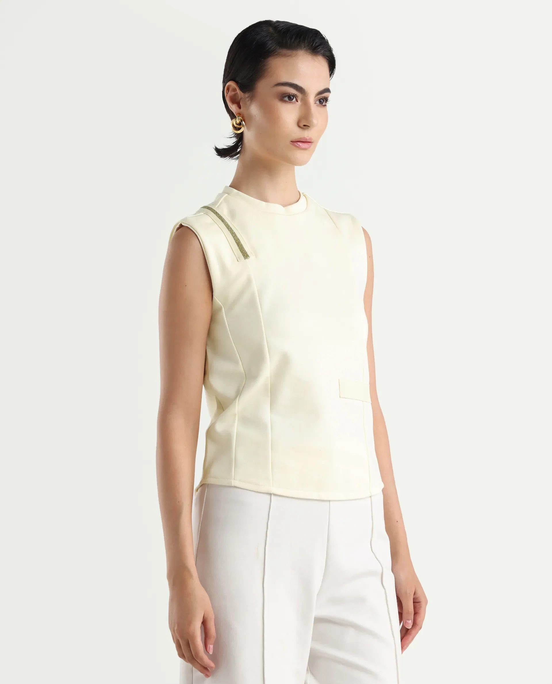 Rareism Women's Aytat Off White Cotton High Neck Plain Sleeveless Slim Fit Top - Image 6