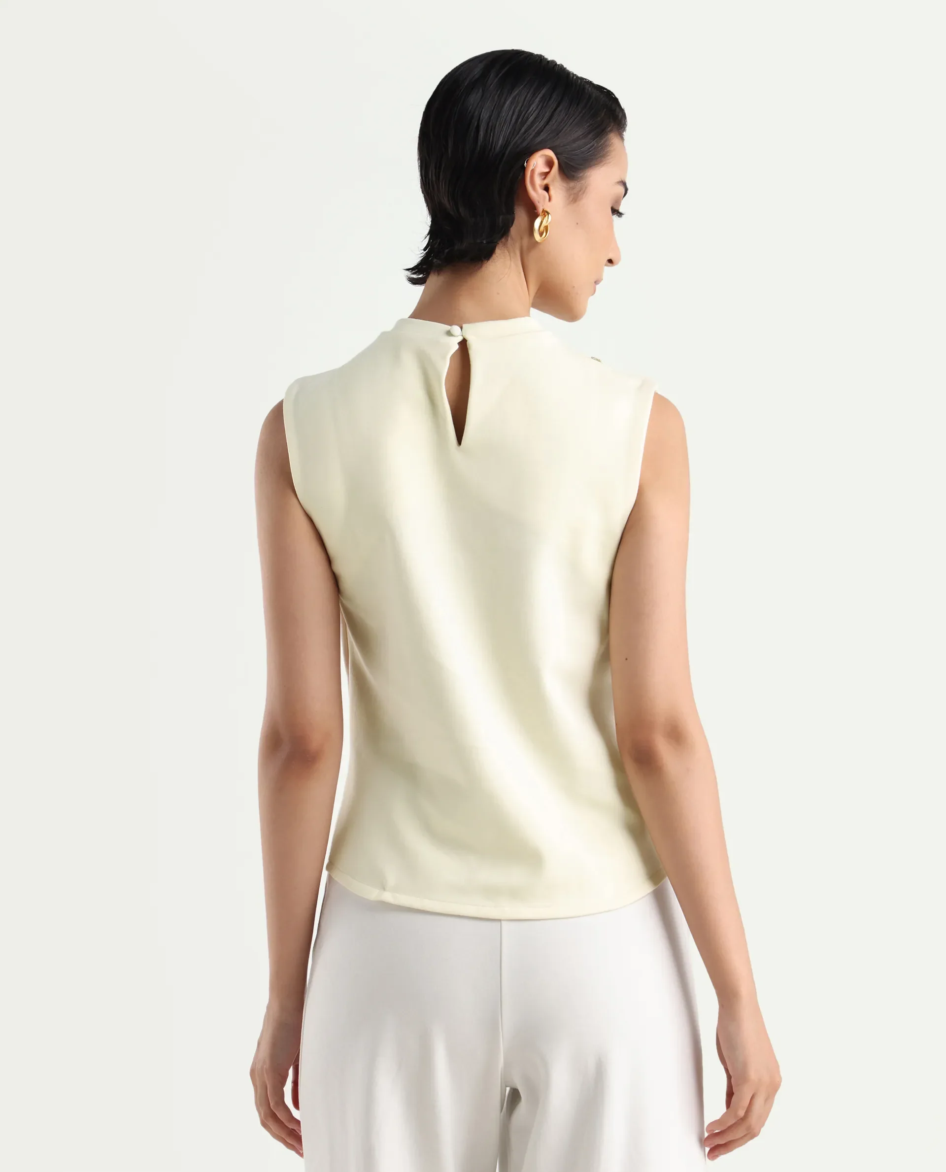Rareism Women's Aytat Off White Cotton High Neck Plain Sleeveless Slim Fit Top - Image 7