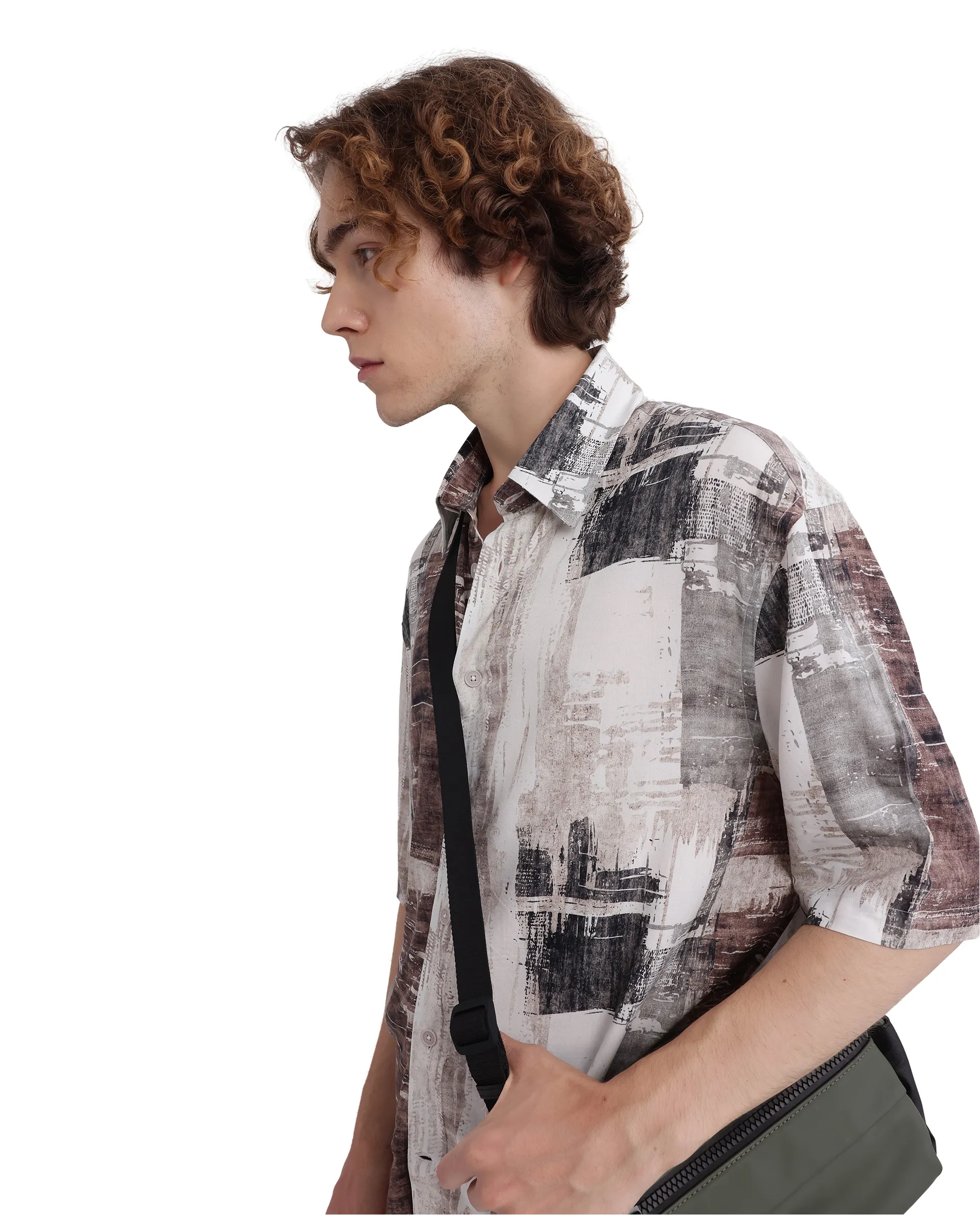 Rare Rabbit Men's Azah Dusky Beige Viscose Abstract Print Boxy Fit Half Sleeve Collared Shirt - Image 2