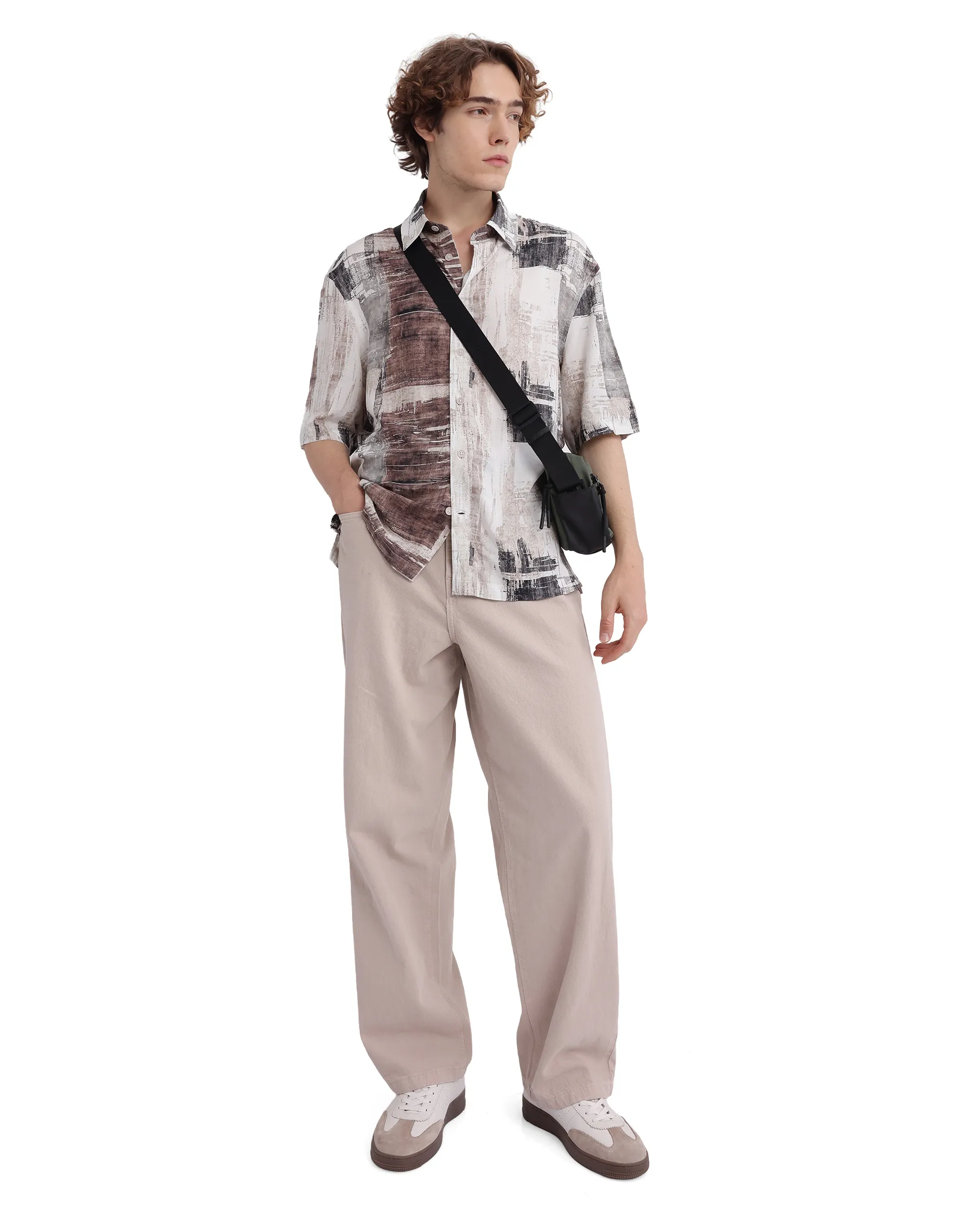 Rare Rabbit Men's Azah Dusky Beige Viscose Abstract Print Boxy Fit Half Sleeve Collared Shirt - Image 3