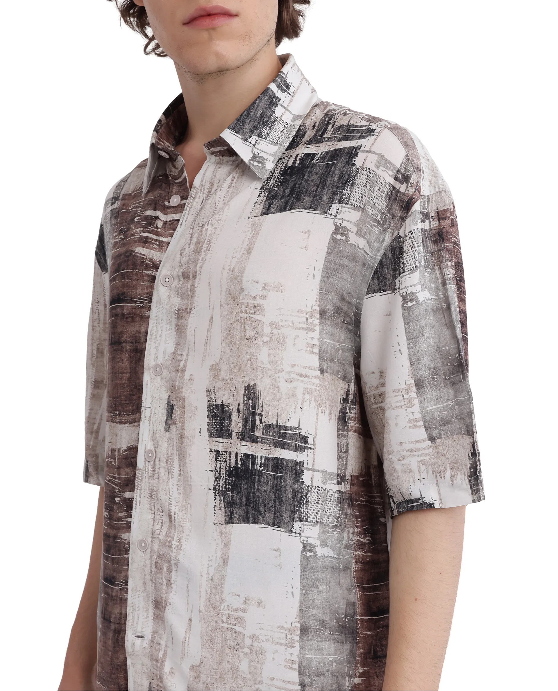 Rare Rabbit Men's Azah Dusky Beige Viscose Abstract Print Boxy Fit Half Sleeve Collared Shirt - Image 4