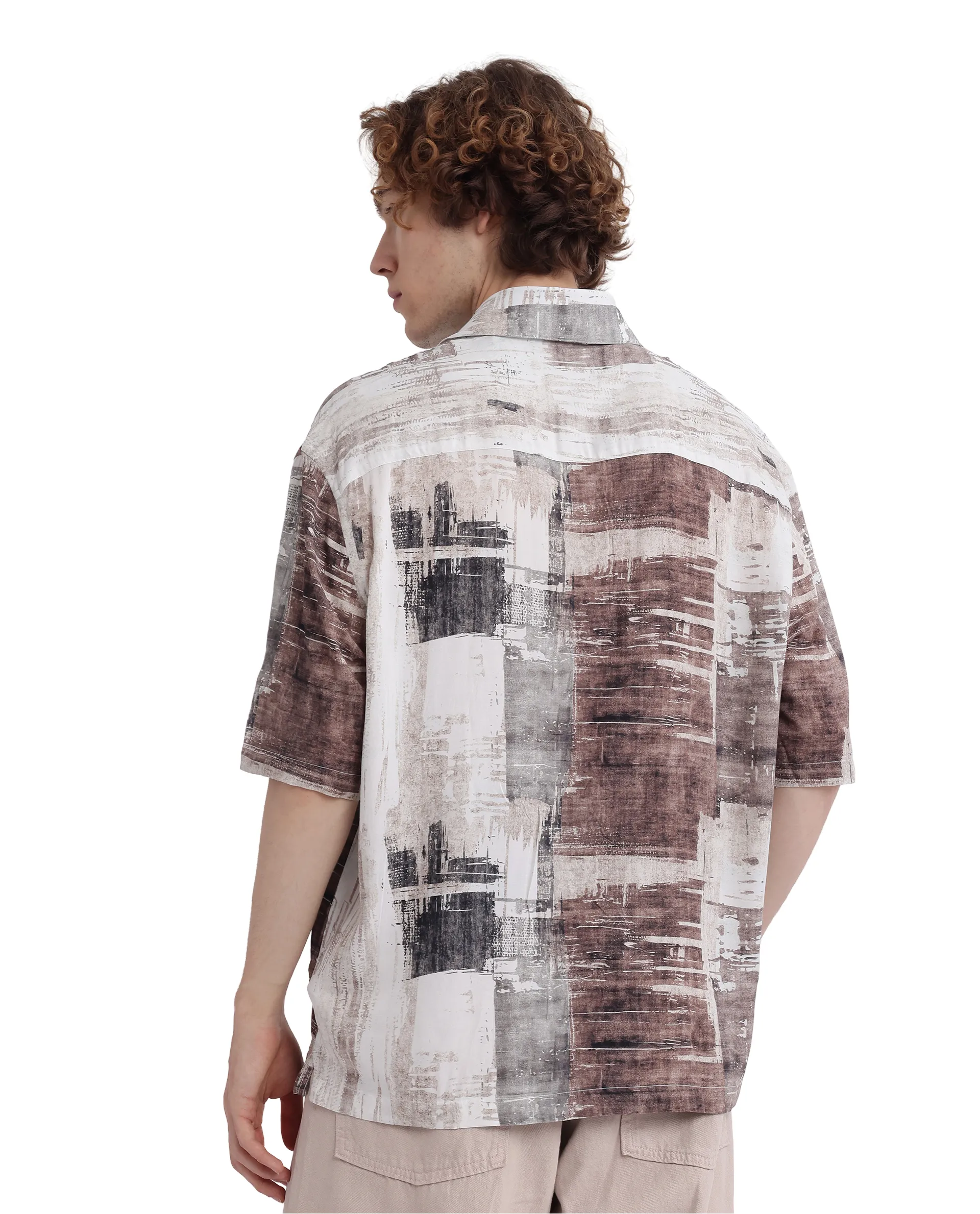 Rare Rabbit Men's Azah Dusky Beige Viscose Abstract Print Boxy Fit Half Sleeve Collared Shirt - Image 5