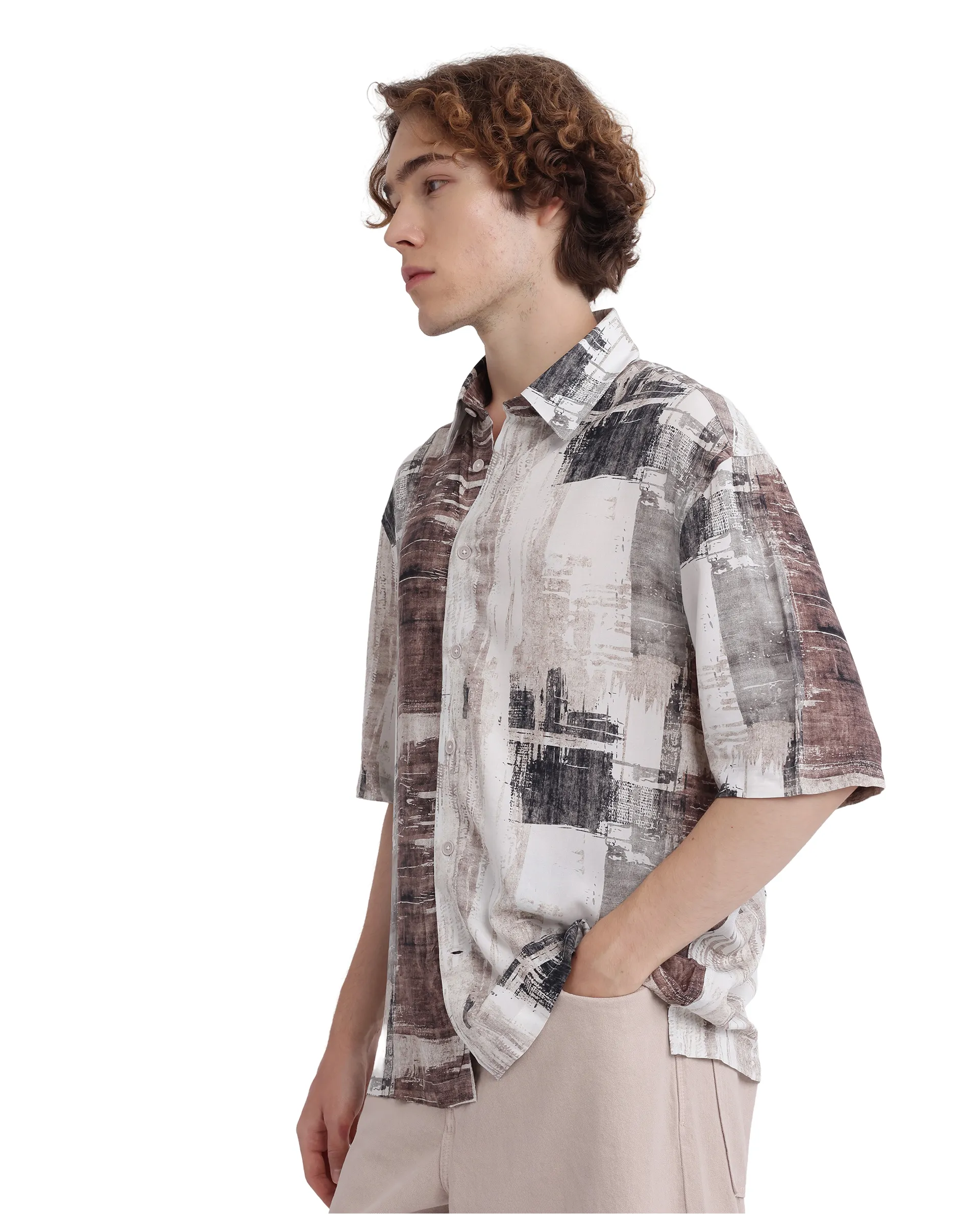 Rare Rabbit Men's Azah Dusky Beige Viscose Abstract Print Boxy Fit Half Sleeve Collared Shirt - Image 6