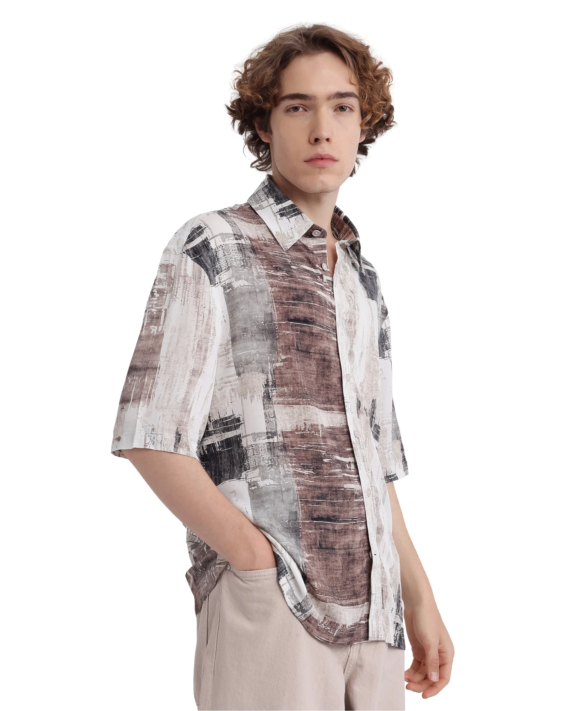 Rare Rabbit Men's Azah Dusky Beige Viscose Abstract Print Boxy Fit Half Sleeve Collared Shirt - Image 7