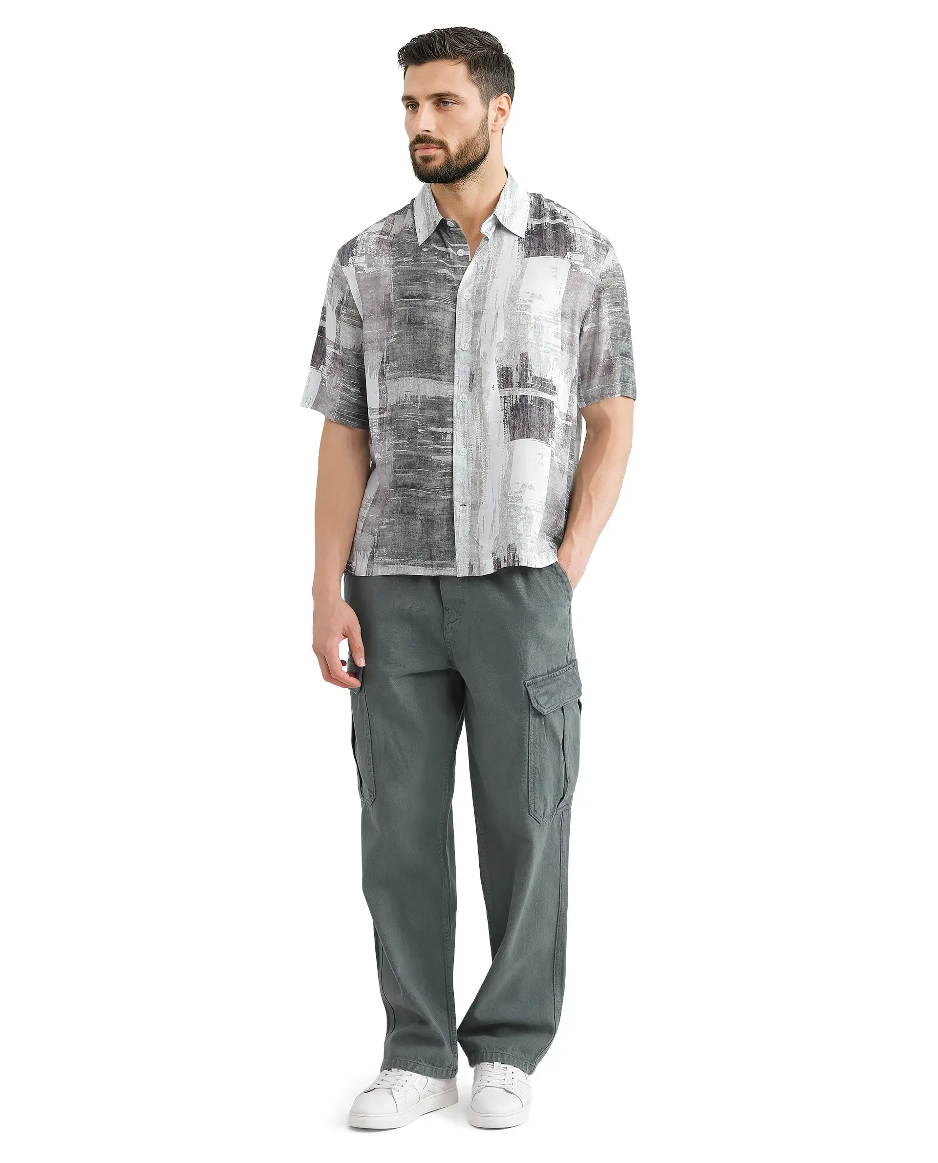 Rare Rabbit Men's Azah Dusky Green Viscose Abstract Print Boxy Fit Half Sleeve Collared Shirt - Image 2