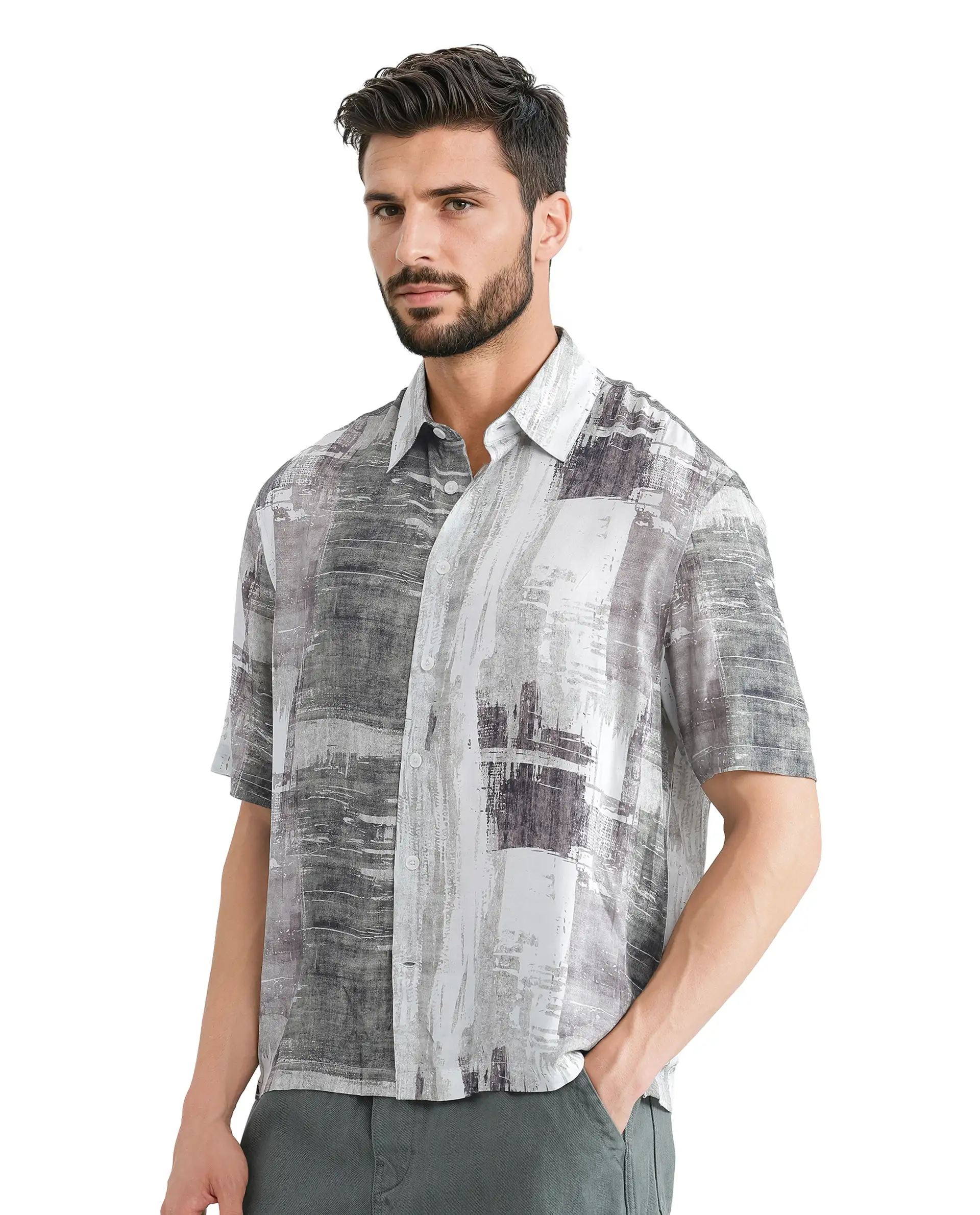 Rare Rabbit Men's Azah Dusky Green Viscose Abstract Print Boxy Fit Half Sleeve Collared Shirt - Image 3