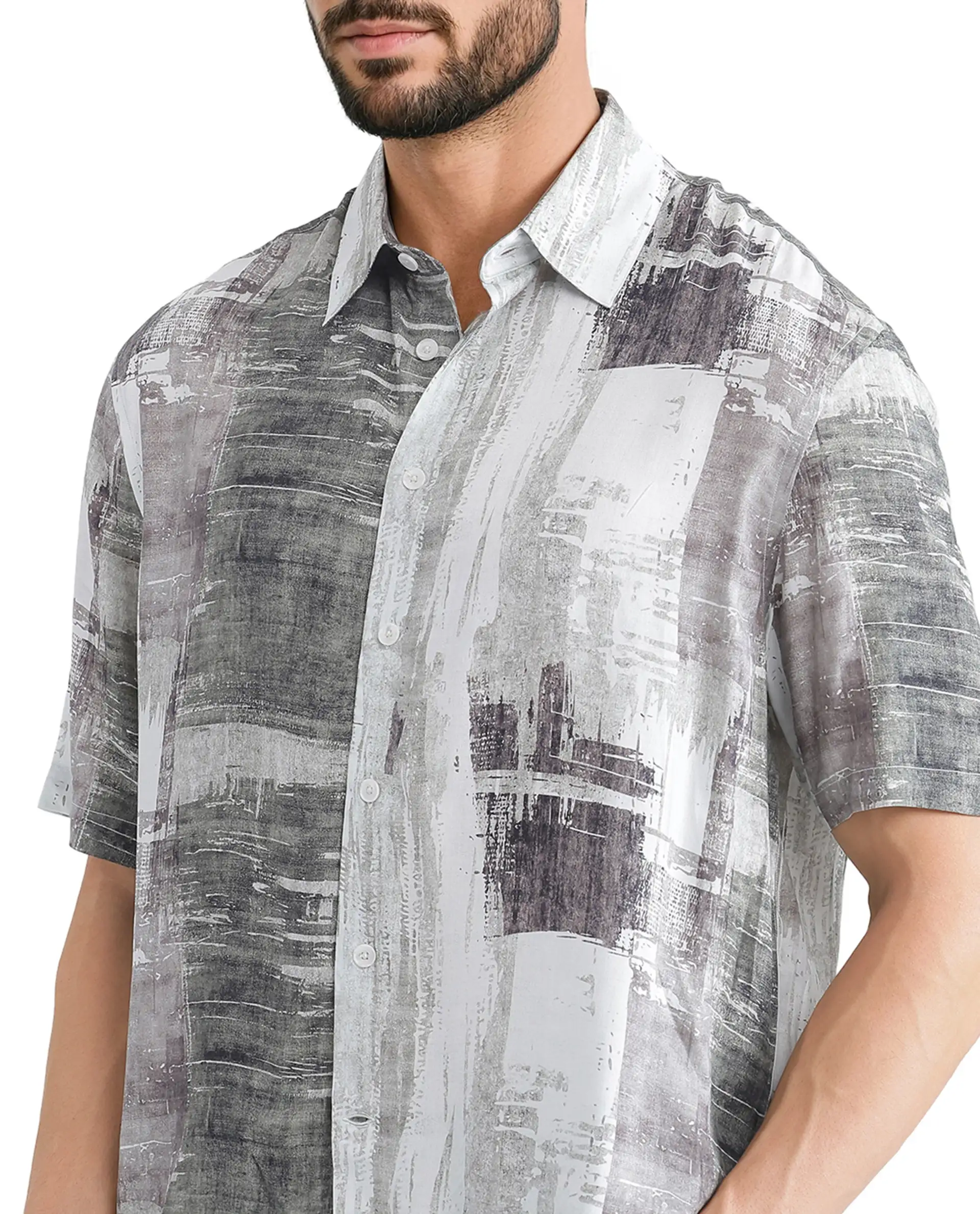 Rare Rabbit Men's Azah Dusky Green Viscose Abstract Print Boxy Fit Half Sleeve Collared Shirt - Image 4
