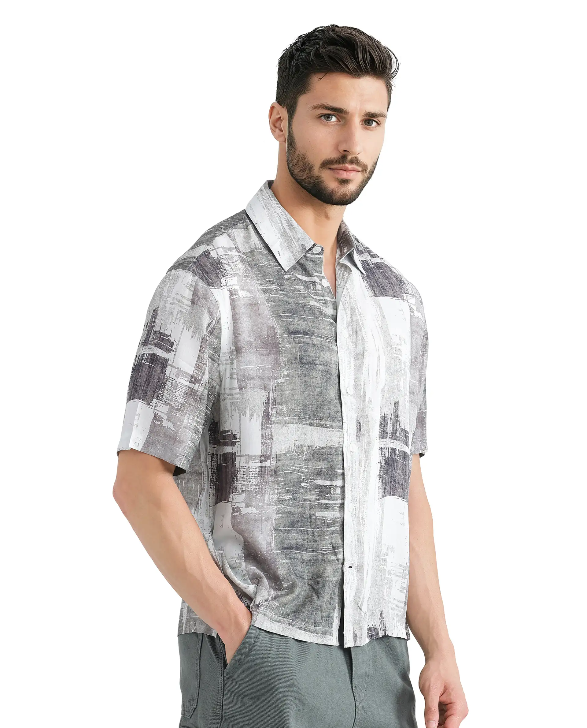 Rare Rabbit Men's Azah Dusky Green Viscose Abstract Print Boxy Fit Half Sleeve Collared Shirt - Image 7