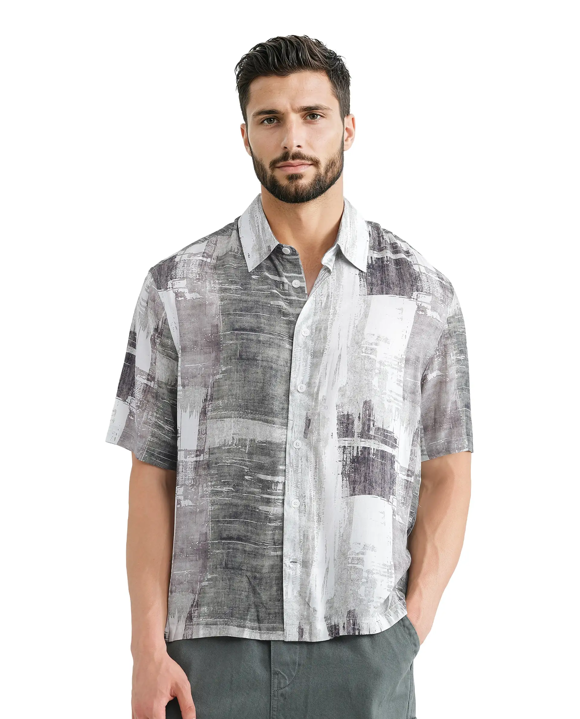Rare Rabbit Men's Azah Dusky Green Viscose Abstract Print Boxy Fit Half Sleeve Collared Shirt - Image 8