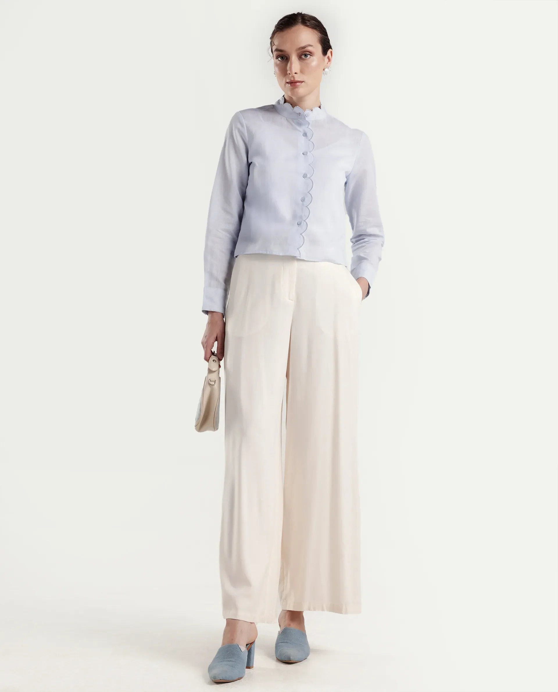Rareism Women's Azali Light Blue Linen Blend Full Sleeve Regular Fit Plain Shirt - Image 2
