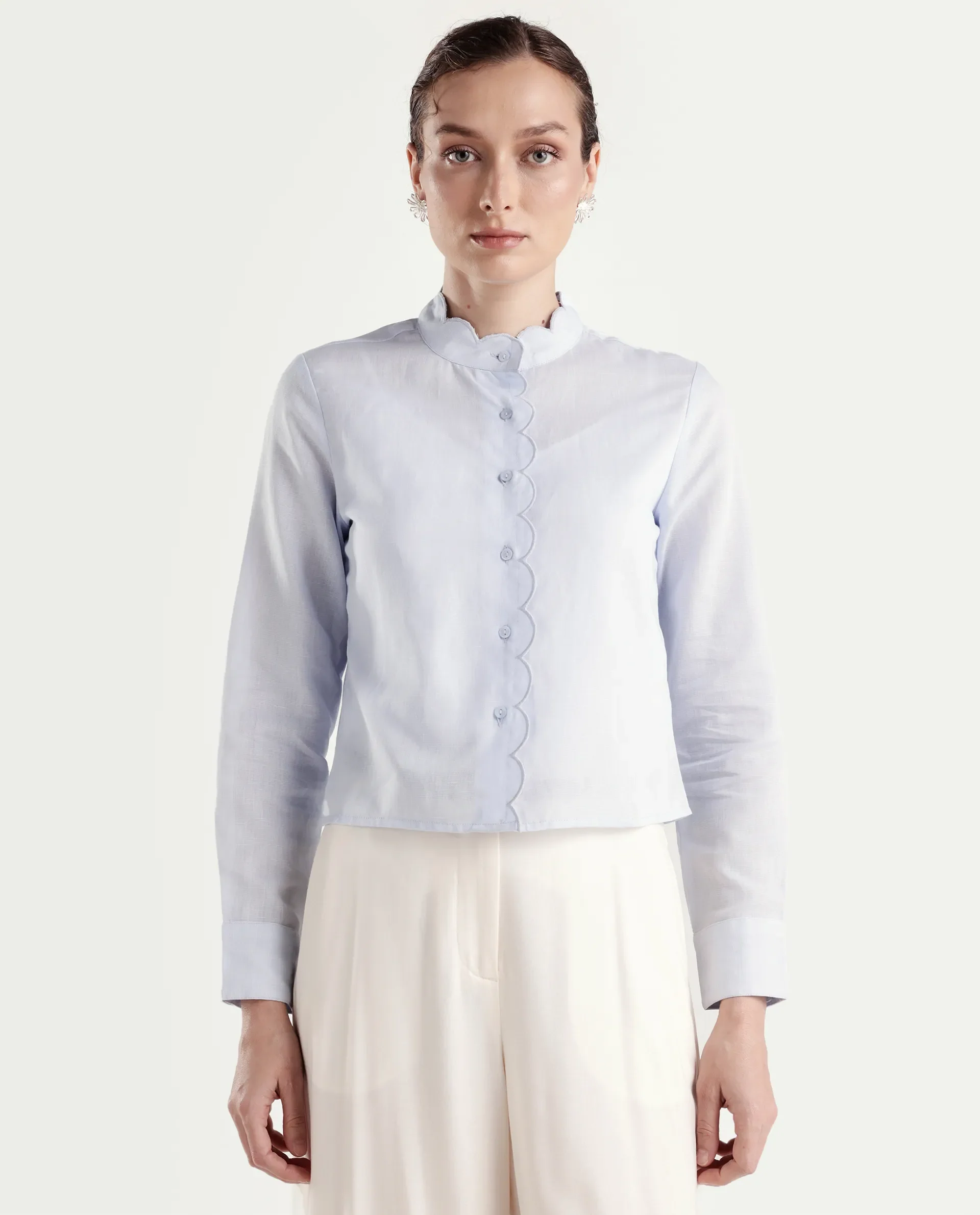 Rareism Women's Azali Light Blue Linen Blend Full Sleeve Regular Fit Plain Shirt - Image 3