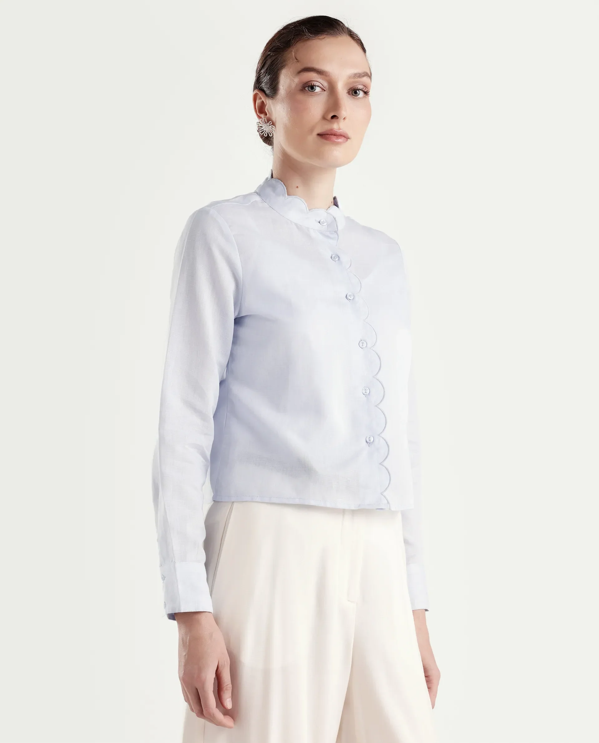 Rareism Women's Azali Light Blue Linen Blend Full Sleeve Regular Fit Plain Shirt - Image 5